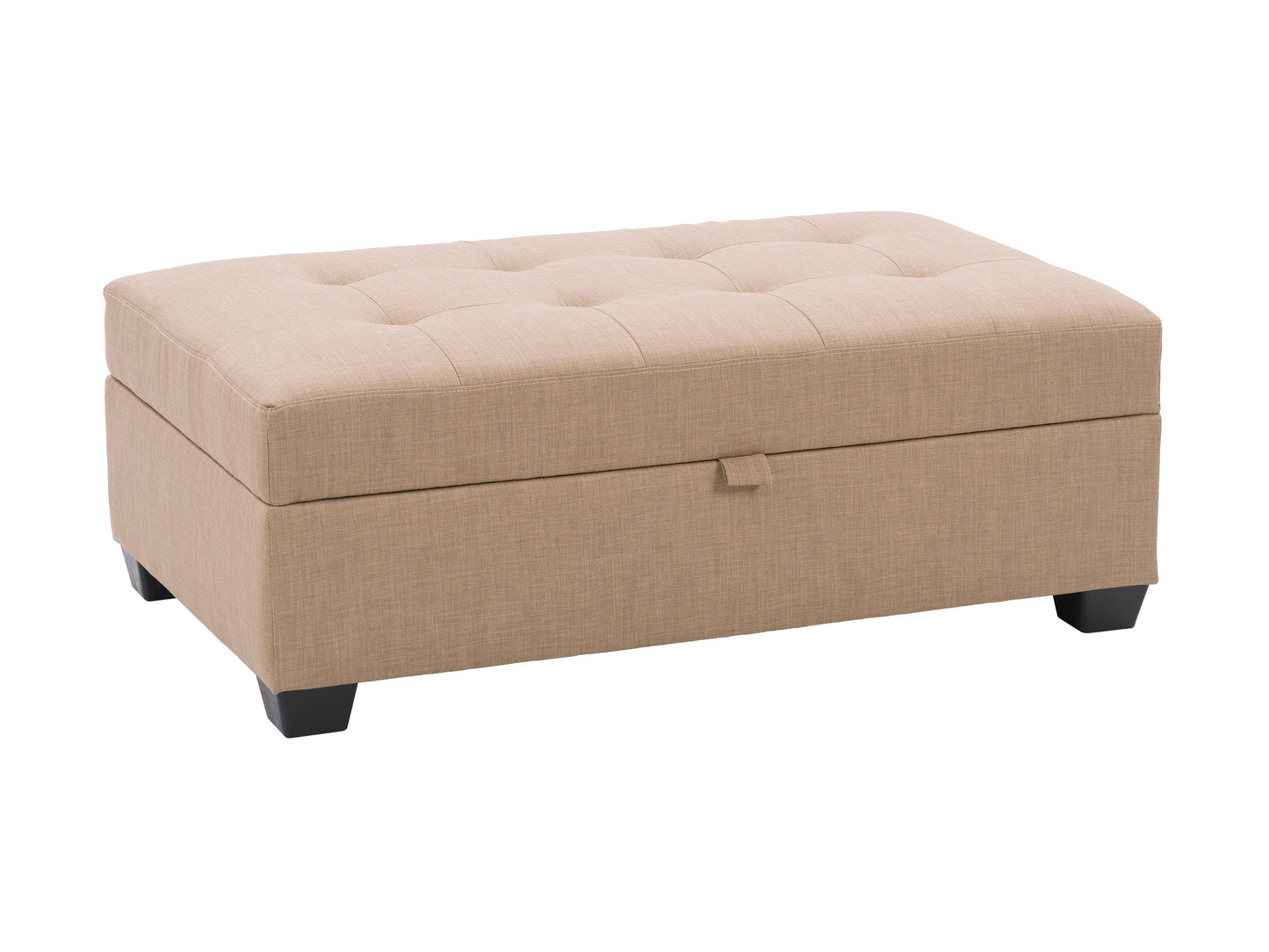 Gray tufted storage ottoman with elegant button detailing, featuring spacious interior storage, upholstered in soft, durable fabric, and supported by sturdy wooden legs. Ideal for living rooms and bedrooms.