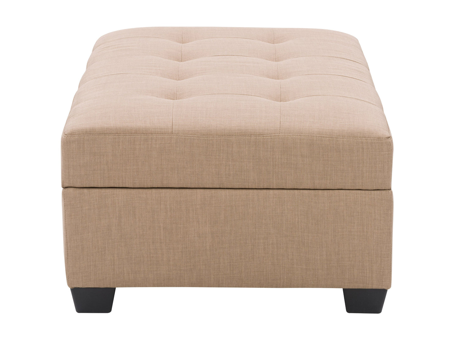 Gray tufted storage ottoman with button detailing, upholstered in soft fabric, featuring a sturdy wooden frame and spacious interior storage. Ideal for living rooms or bedrooms, blending style and functionality.