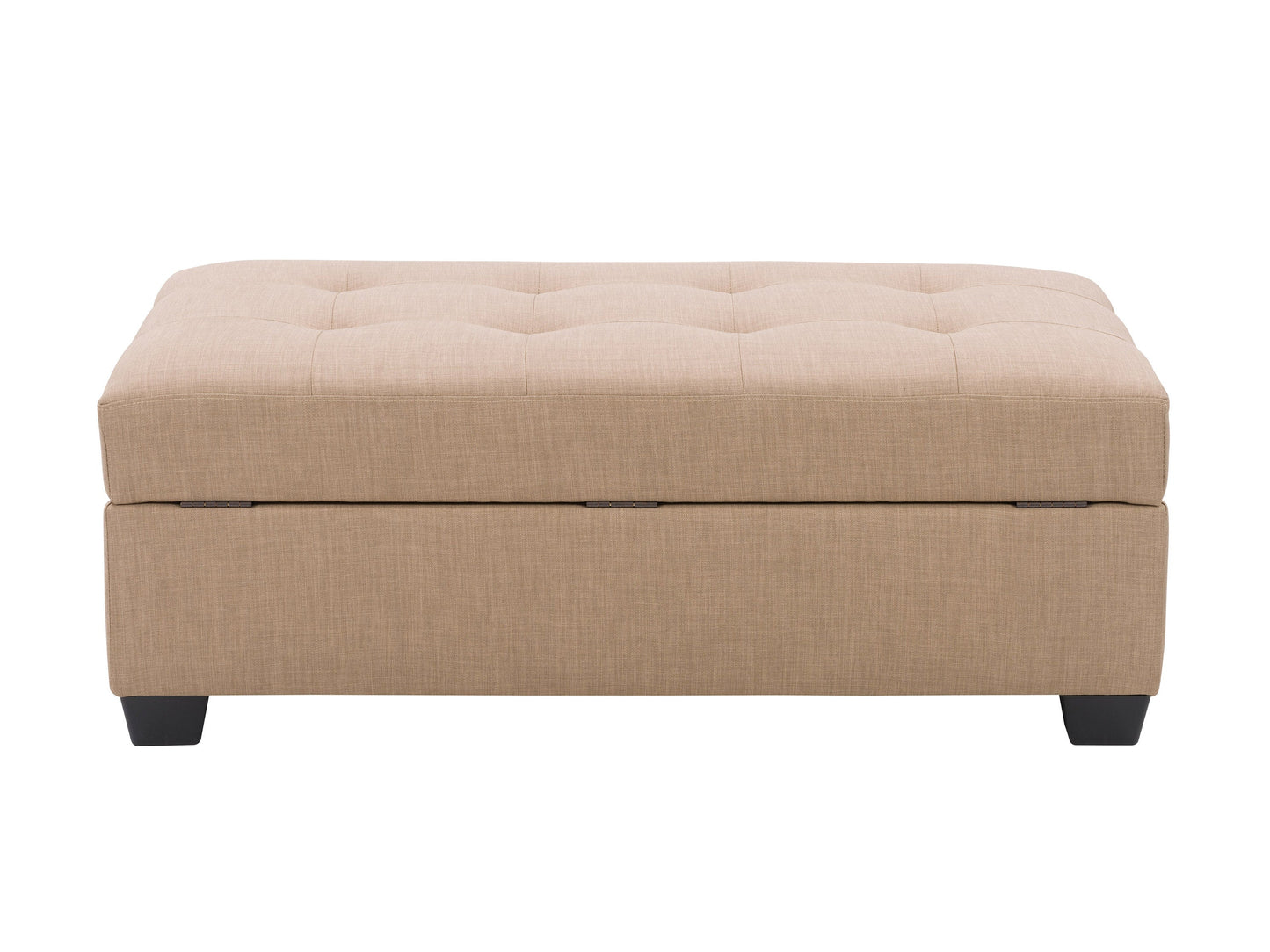 Gray tufted storage ottoman with wooden legs, featuring a soft fabric exterior and button-tufted top, ideal for living room or bedroom storage solutions.