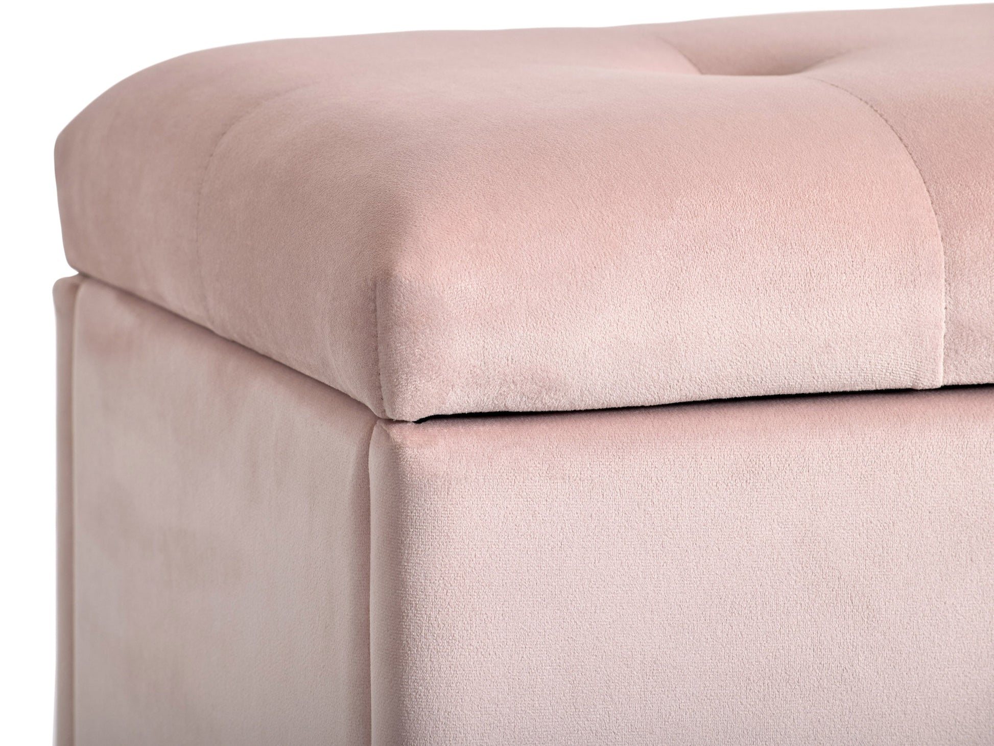 Pink velvet ottoman with storage, featuring a tufted top, gold metal legs, and a spacious interior compartment for organizing items. Perfect for adding a touch of elegance and functionality to any living space.