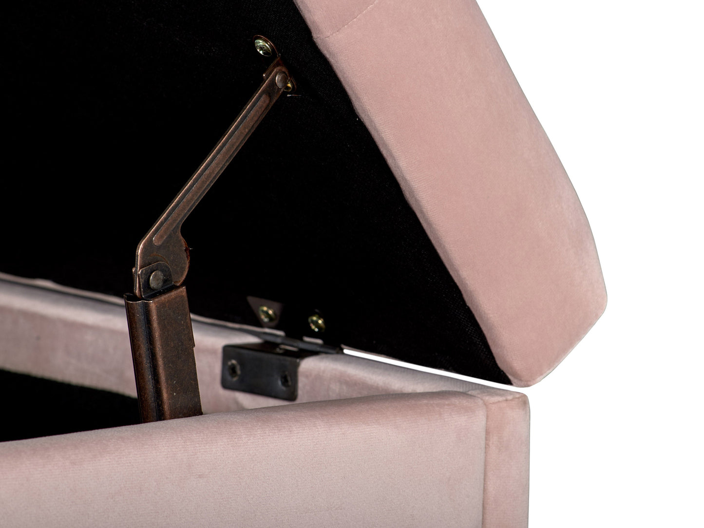 Pink velvet ottoman with storage, featuring a tufted top, gold metal legs, and a spacious interior compartment for organizing items. Perfect for adding a touch of elegance and functionality to any living space.