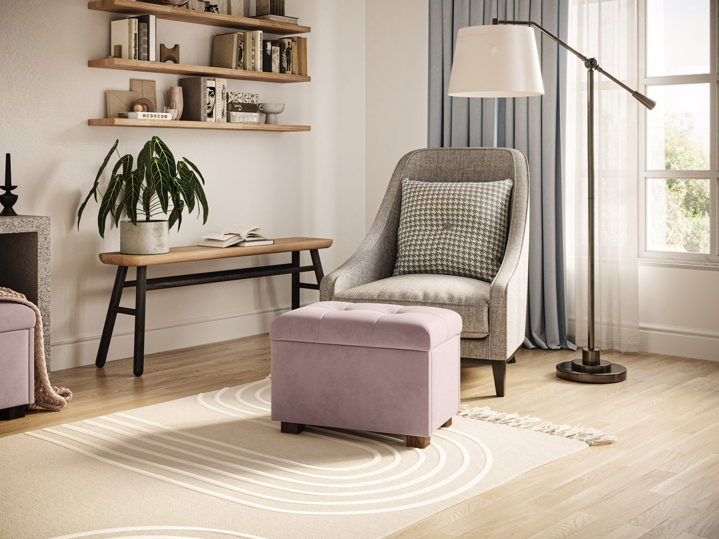 Pink velvet ottoman with storage, featuring a tufted top, gold metal legs, and a spacious interior compartment for organizing items. Perfect for adding a touch of elegance and functionality to any living space.