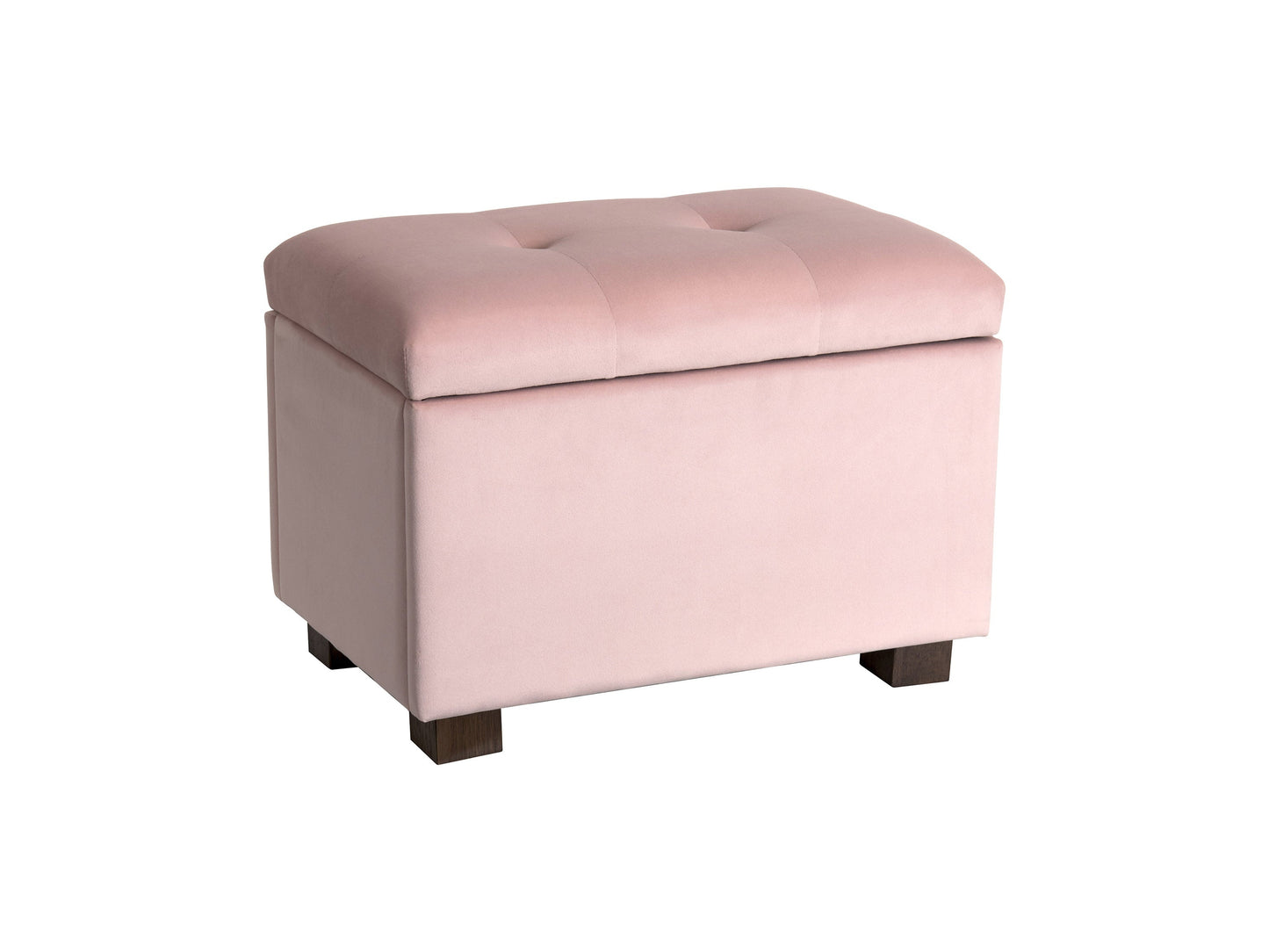 Pink velvet ottoman with storage, featuring a tufted top, gold metal legs, and a spacious interior compartment for organizing items. Perfect for adding a touch of elegance and functionality to any living space.