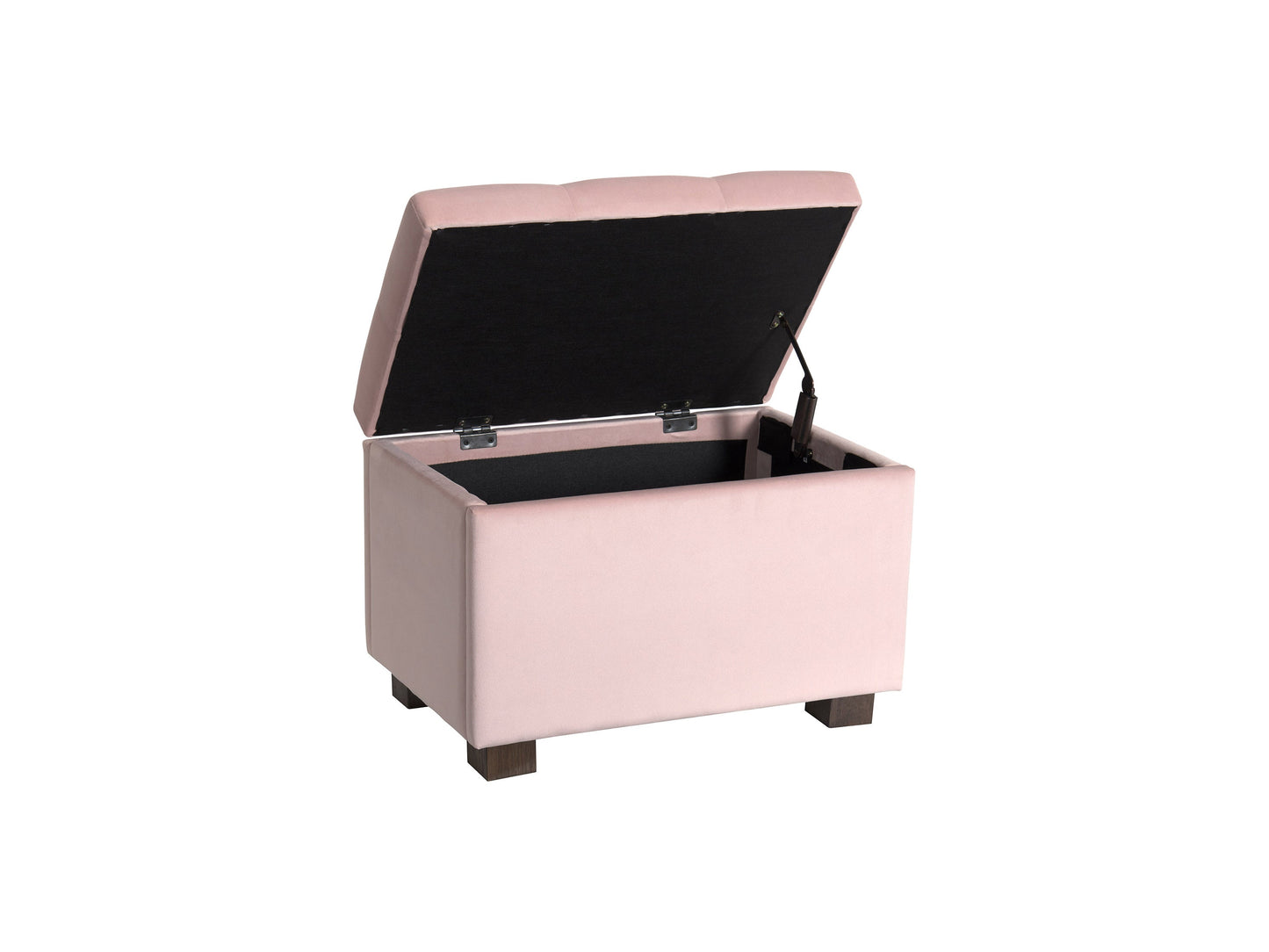 Pink velvet ottoman with storage, featuring a tufted top, gold metal legs, and a spacious interior compartment for organizing items. Perfect for adding a touch of elegance and functionality to any living space.