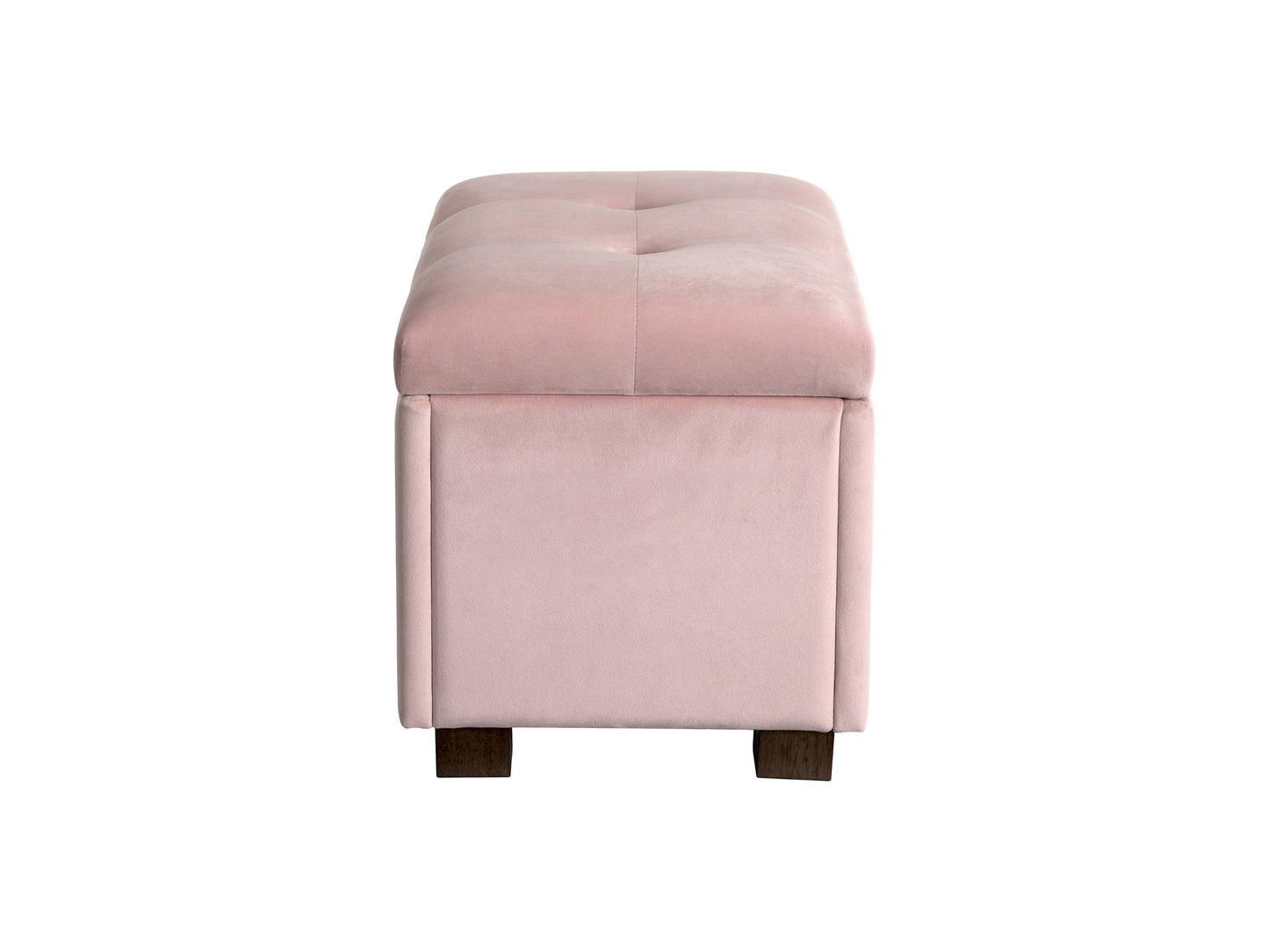 Pink velvet ottoman with storage, featuring a tufted top, gold metal legs, and a spacious interior compartment for organizing items. Perfect for adding a touch of elegance and functionality to any living space.