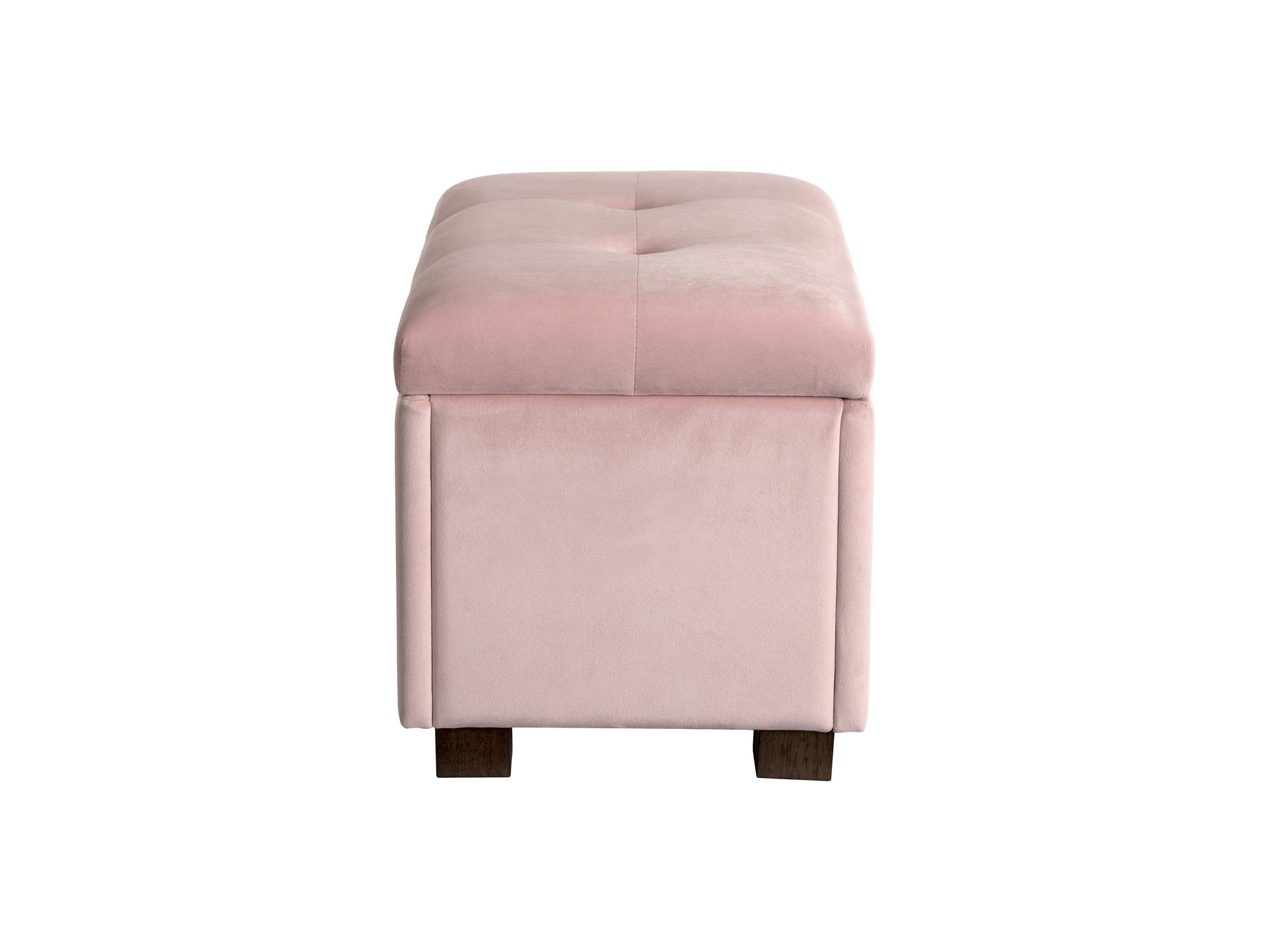 Pink velvet ottoman with storage, featuring a tufted top, gold metal legs, and a spacious interior compartment for organizing items. Perfect for adding a touch of elegance and functionality to any living space.