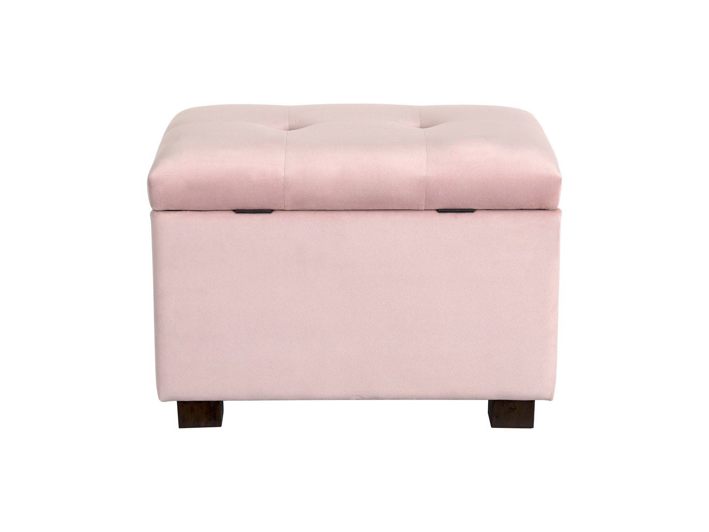 Pink velvet ottoman with storage, featuring a tufted top, gold metal legs, and a spacious interior compartment for organizing items. Perfect for adding a touch of elegance and functionality to any living space.