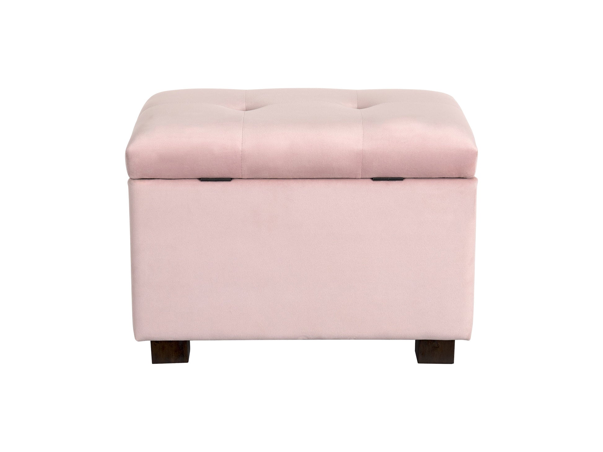 Pink velvet ottoman with storage, featuring a tufted top, gold metal legs, and a spacious interior compartment for organizing items. Perfect for adding a touch of elegance and functionality to any living space.