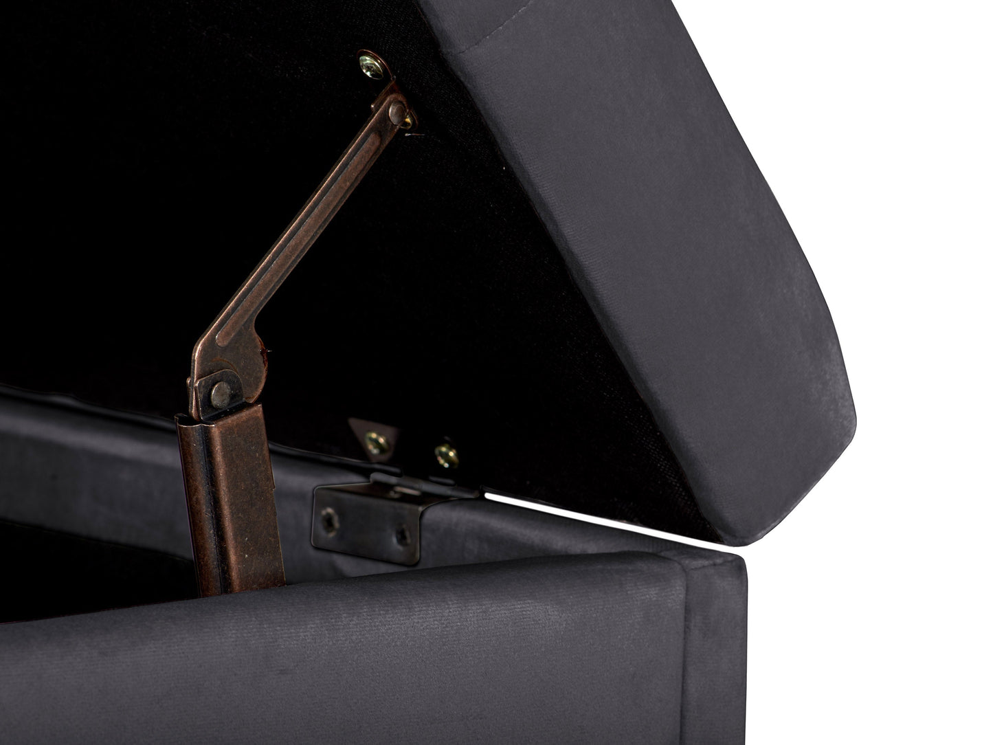 Grey velvet ottoman with storage, tufted design, soft texture, and modern style. Perfect for living room or bedroom, providing extra seating and hidden storage space.