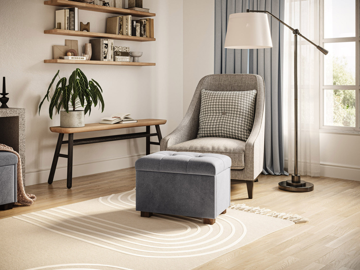 Grey velvet ottoman with storage, tufted design, soft texture, and modern style. Perfect for living room or bedroom, providing extra seating and hidden storage space.