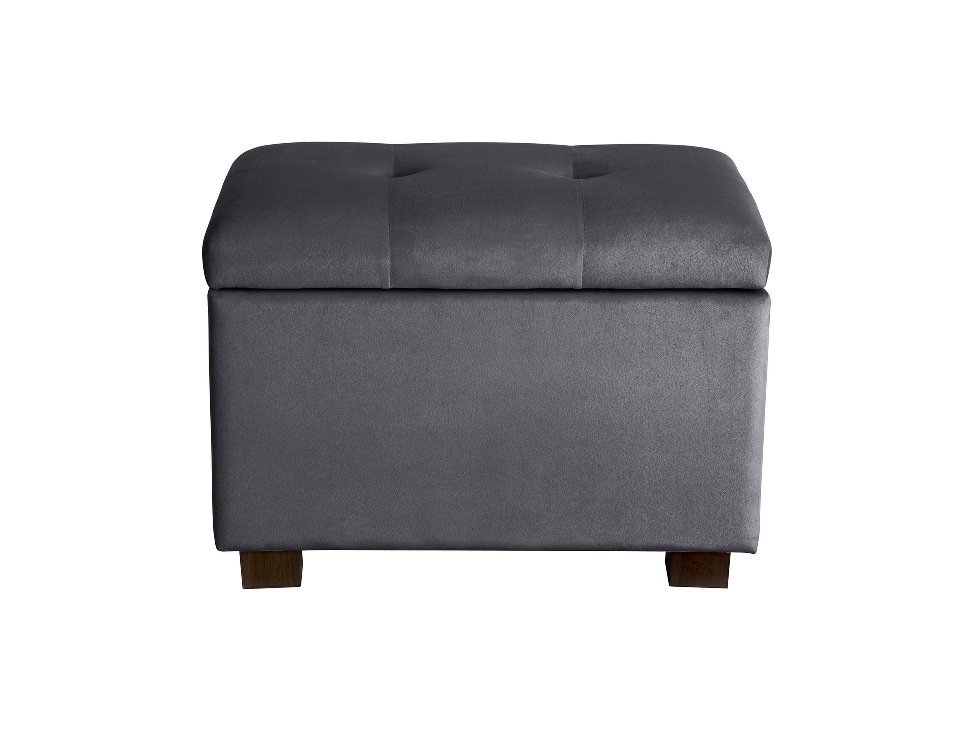 Grey velvet ottoman with storage, tufted design, soft texture, and modern style. Perfect for living room or bedroom, providing extra seating and hidden storage space.