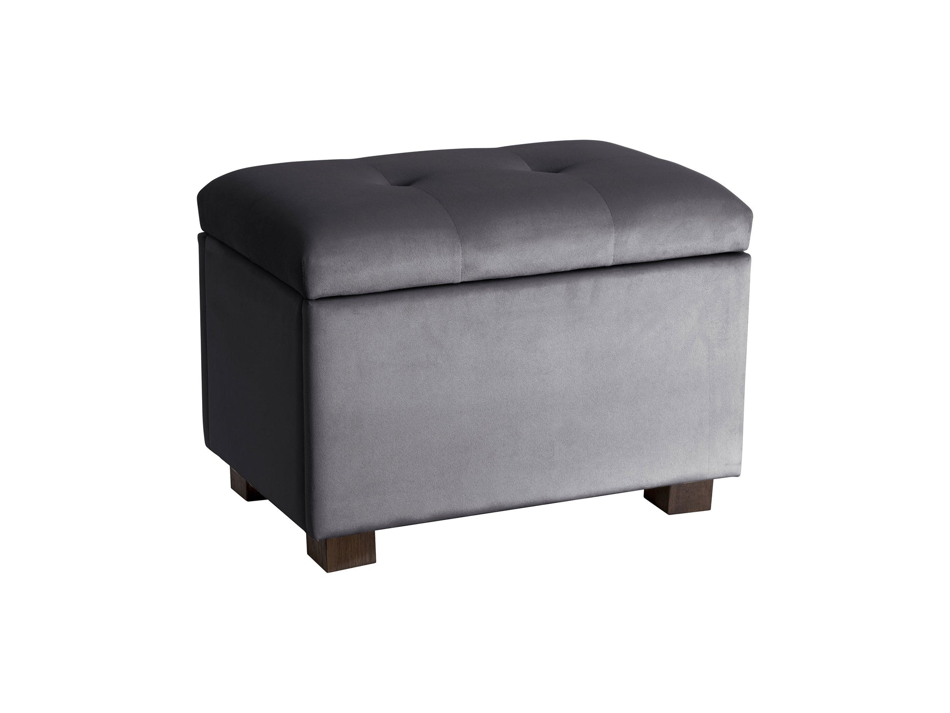 Grey velvet ottoman with storage, tufted design, soft texture, and modern style. Perfect for living room or bedroom, providing extra seating and hidden storage space.