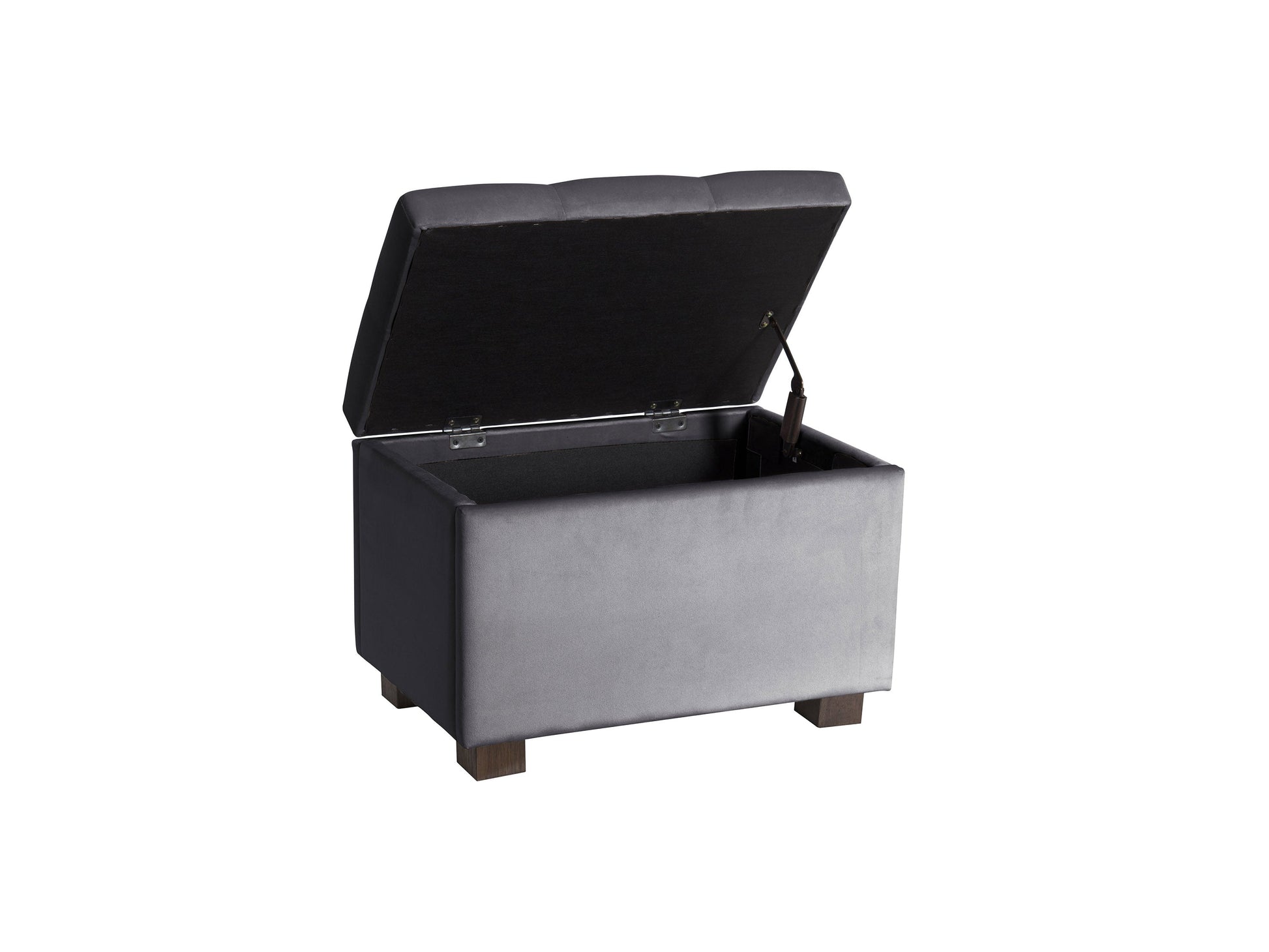 Grey velvet ottoman with storage, tufted design, soft texture, and modern style. Perfect for living room or bedroom, providing extra seating and hidden storage space.