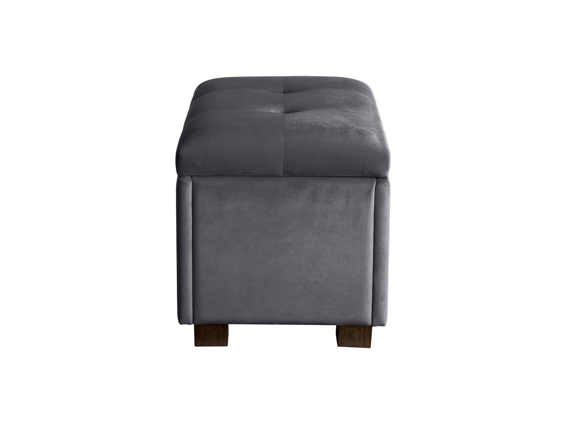 Grey velvet ottoman with storage, tufted design, soft texture, and modern style. Perfect for living room or bedroom, providing extra seating and hidden storage space.