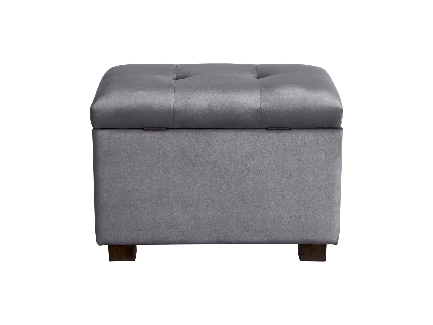 Grey velvet ottoman with storage, tufted design, soft texture, and modern style. Perfect for living room or bedroom, providing extra seating and hidden storage space.