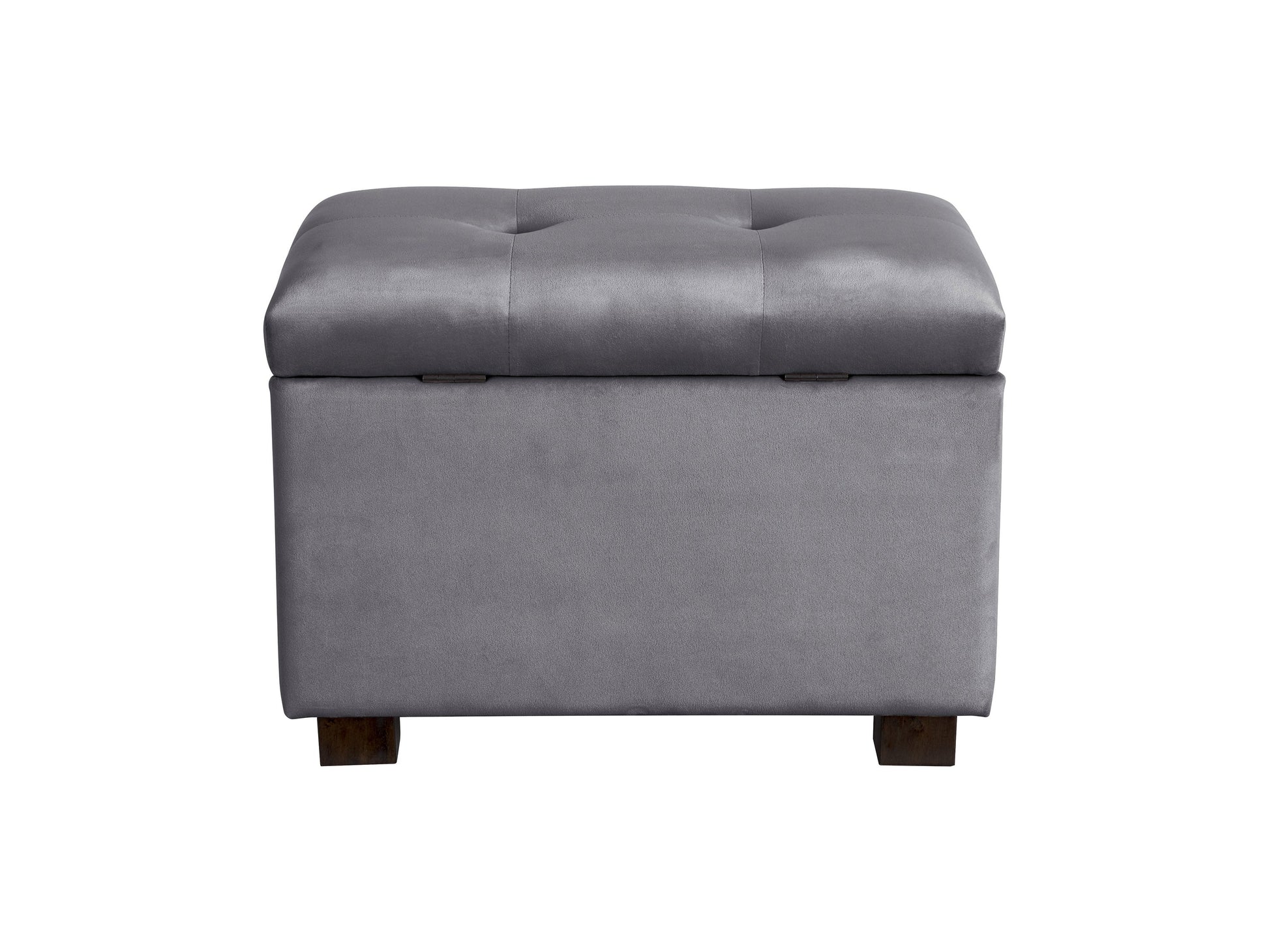 Grey velvet ottoman with storage, tufted design, soft texture, and modern style. Perfect for living room or bedroom, providing extra seating and hidden storage space.