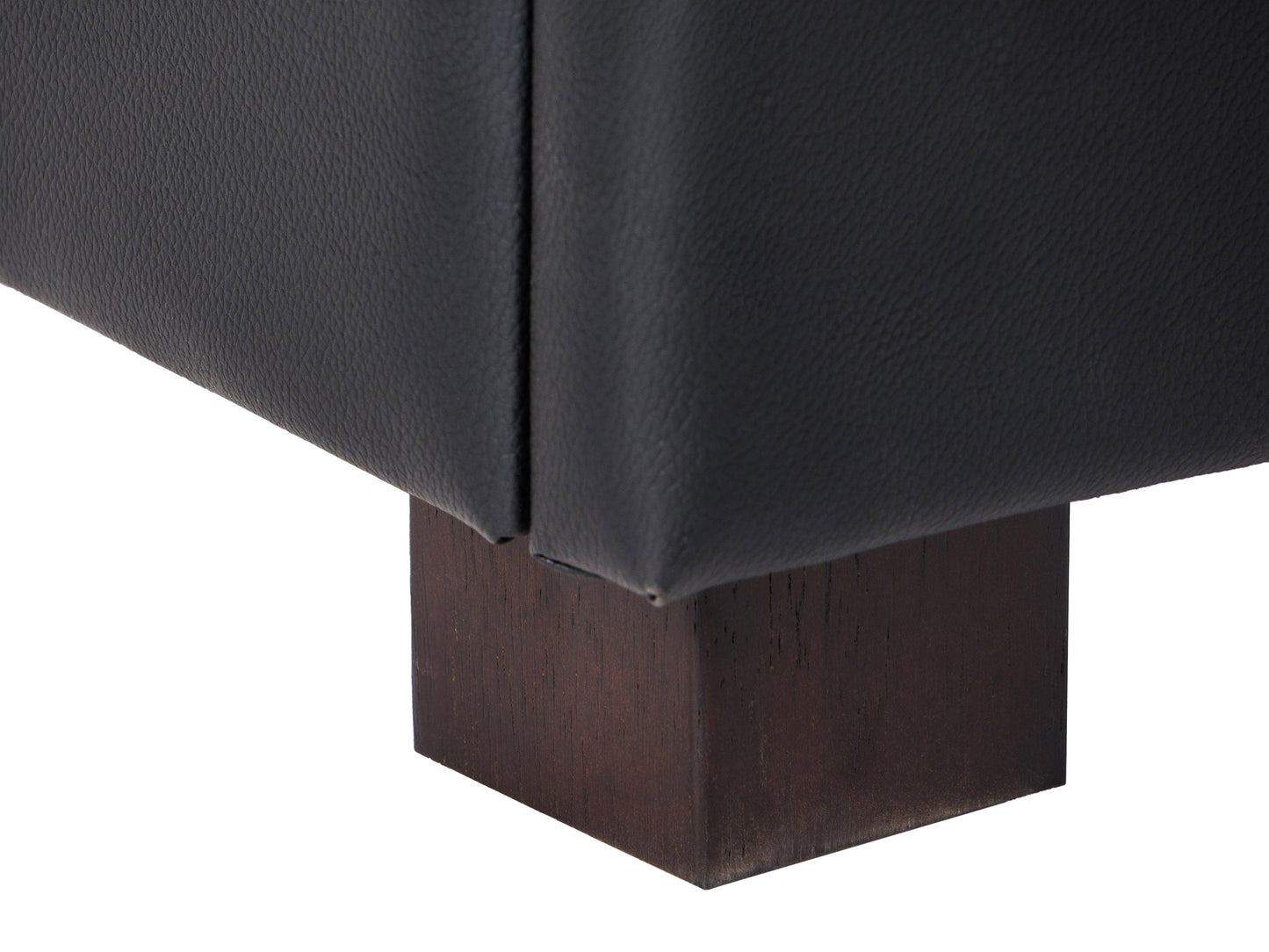 Brown vegan leather storage ottoman with tufted top, wooden legs, and spacious interior storage compartment.