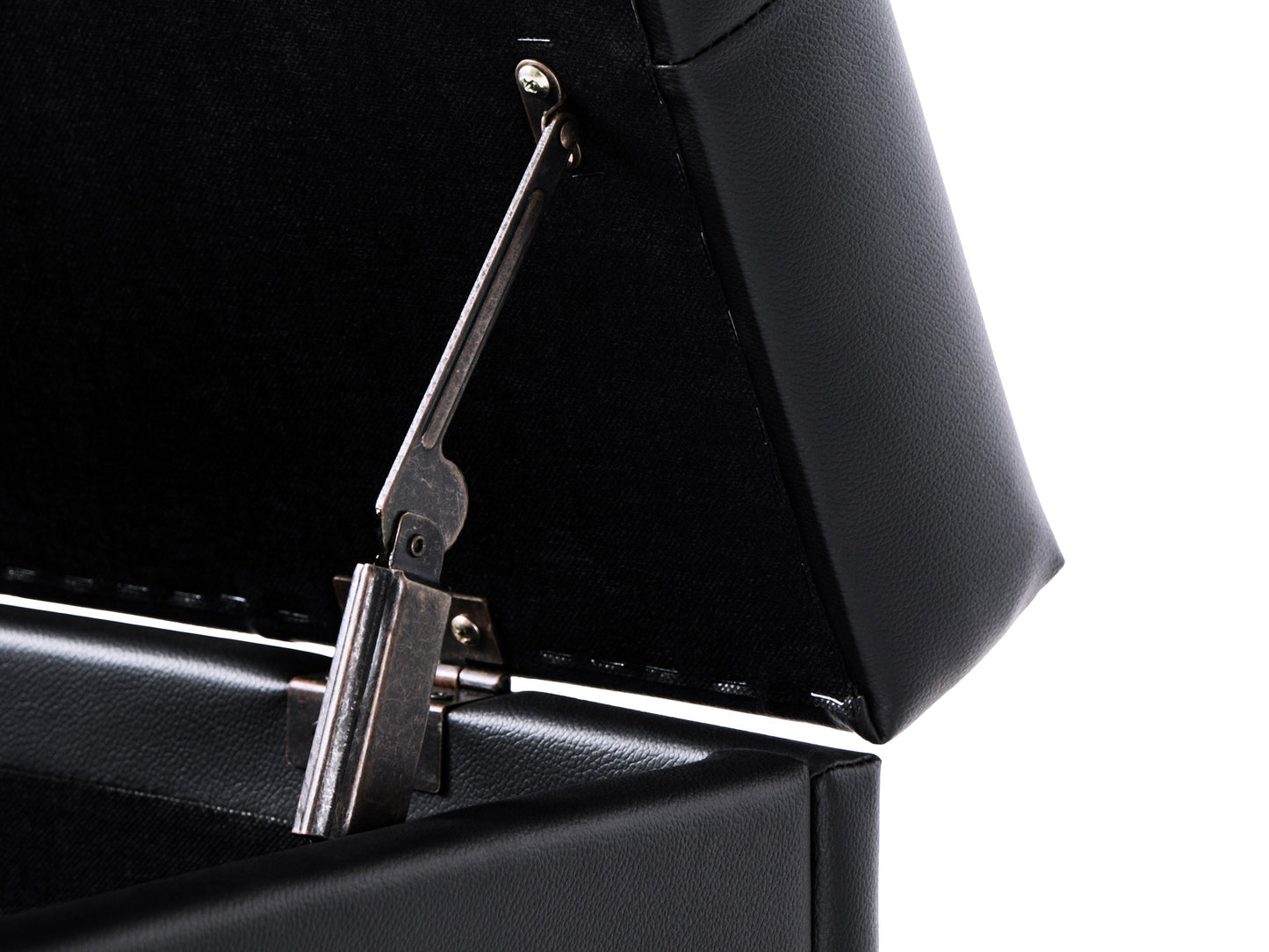 Brown vegan leather storage ottoman with tufted top, wooden legs, and spacious interior storage compartment.