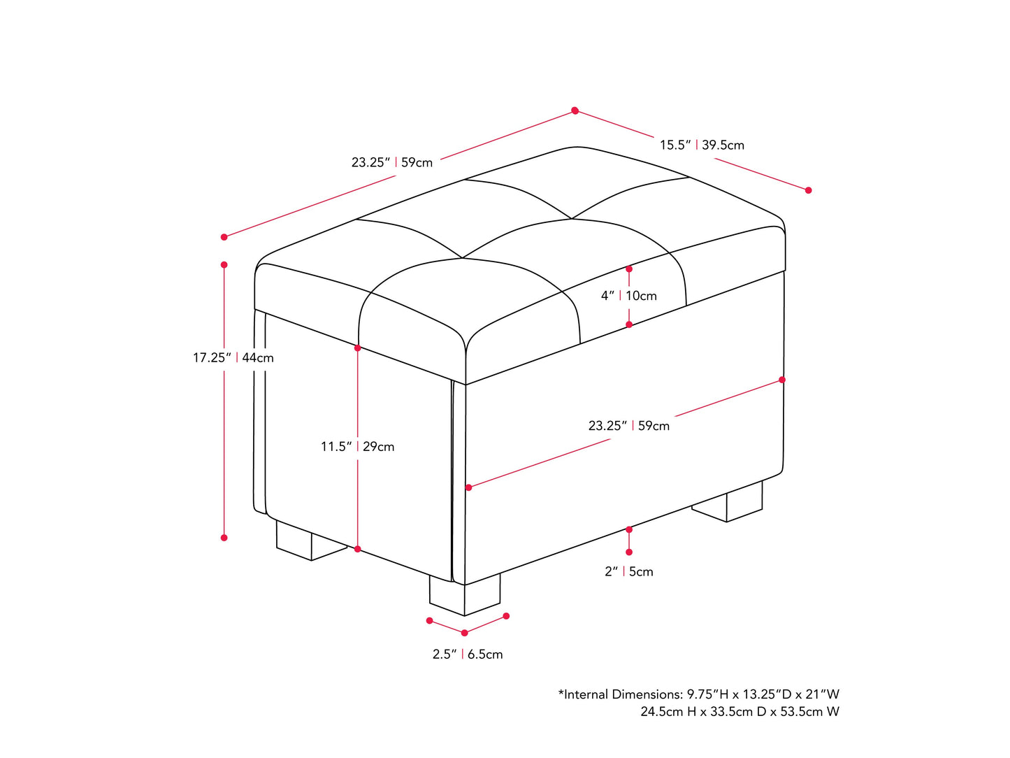 Brown vegan leather storage ottoman with tufted top, wooden legs, and spacious interior storage compartment.