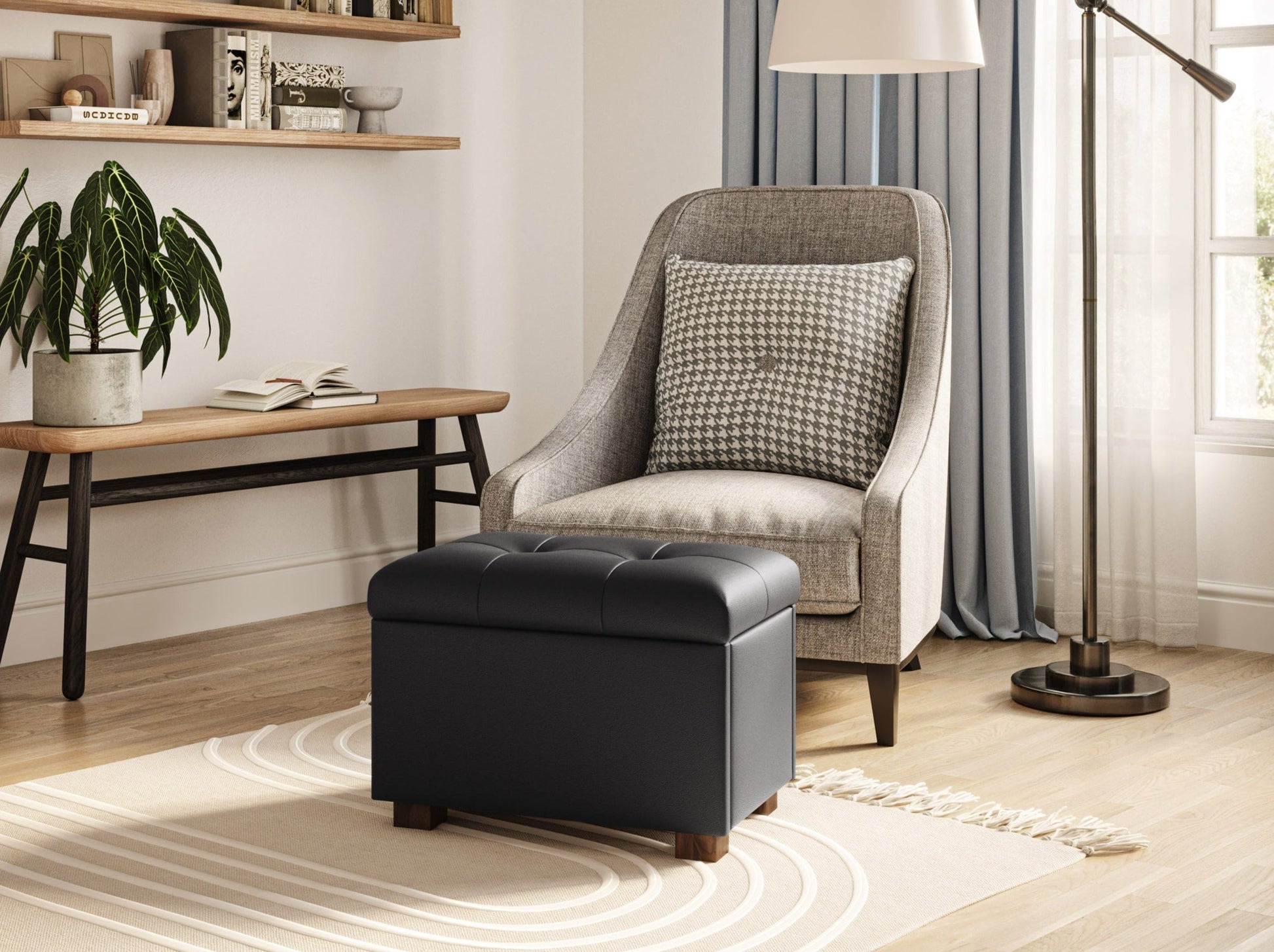 Brown vegan leather storage ottoman with tufted top, wooden legs, and spacious interior storage compartment.