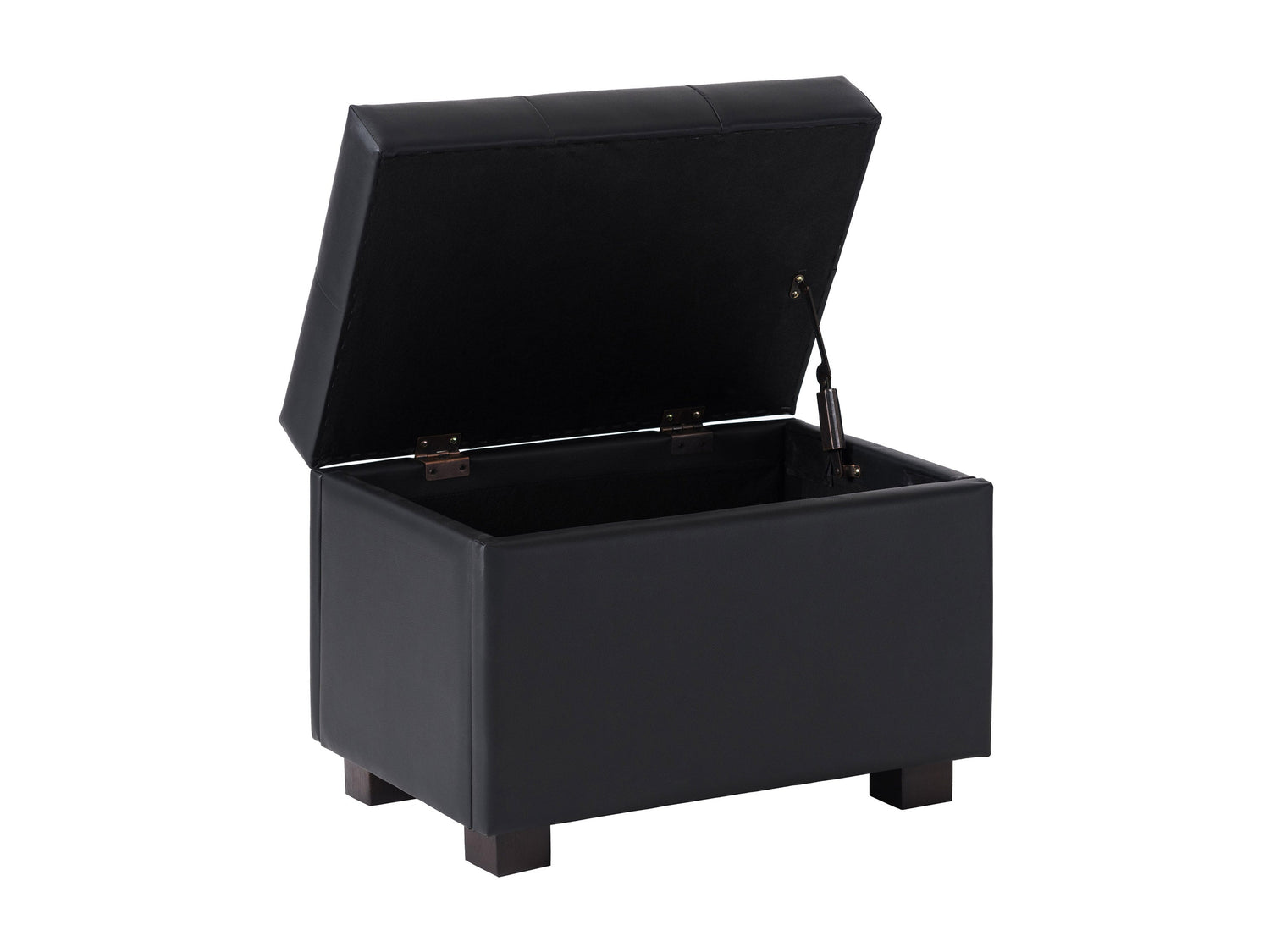 Brown vegan leather storage ottoman with tufted top, wooden legs, and spacious interior storage compartment.