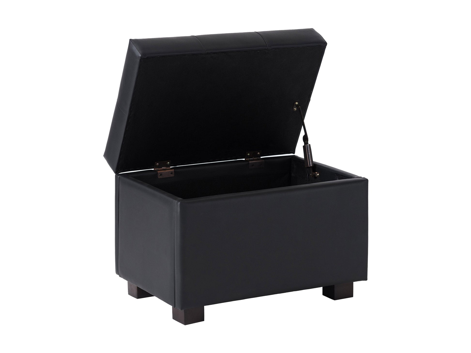 Brown vegan leather storage ottoman with tufted top, wooden legs, and spacious interior storage compartment.