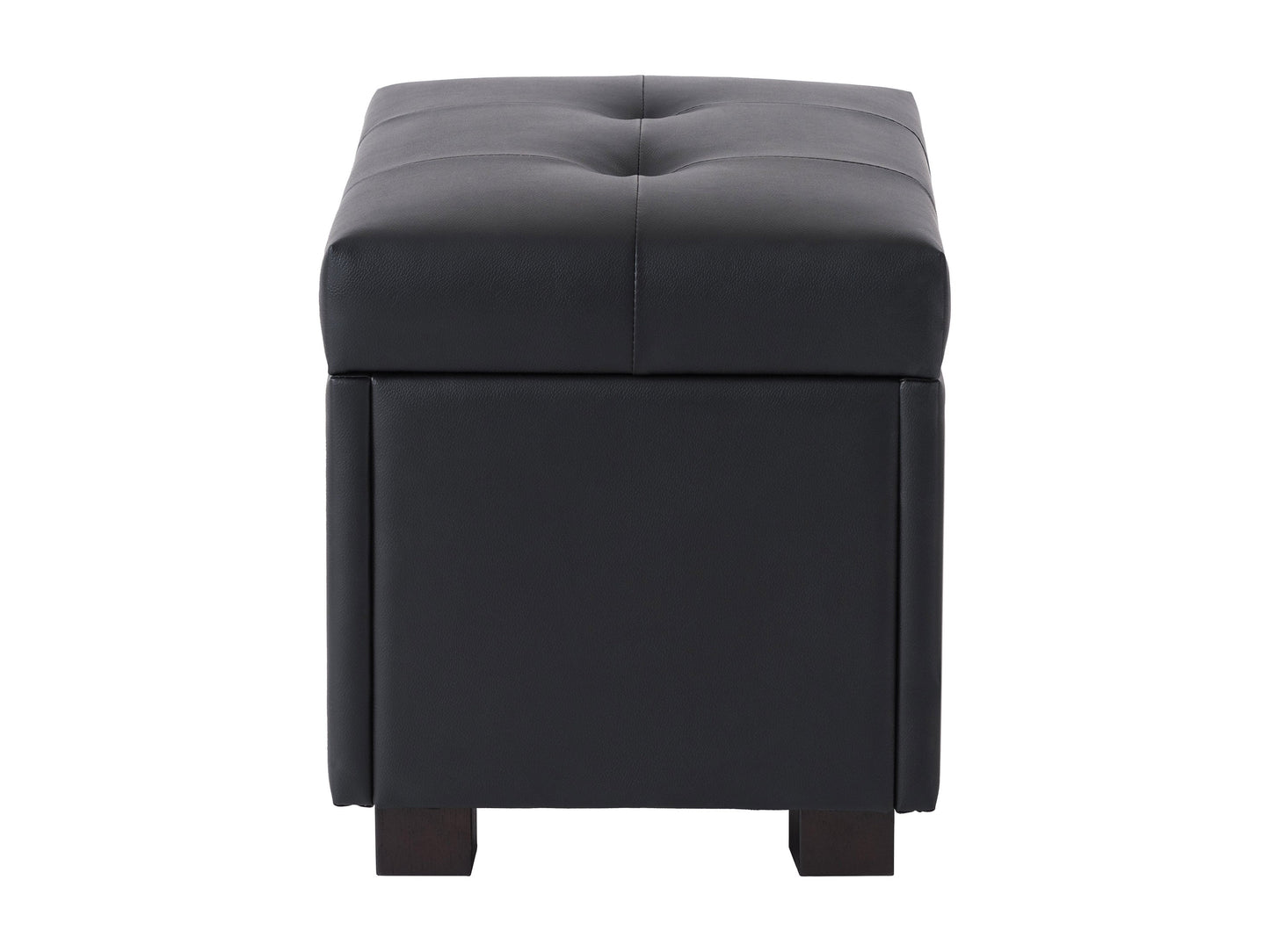 Brown vegan leather storage ottoman with tufted top, wooden legs, and spacious interior storage compartment.