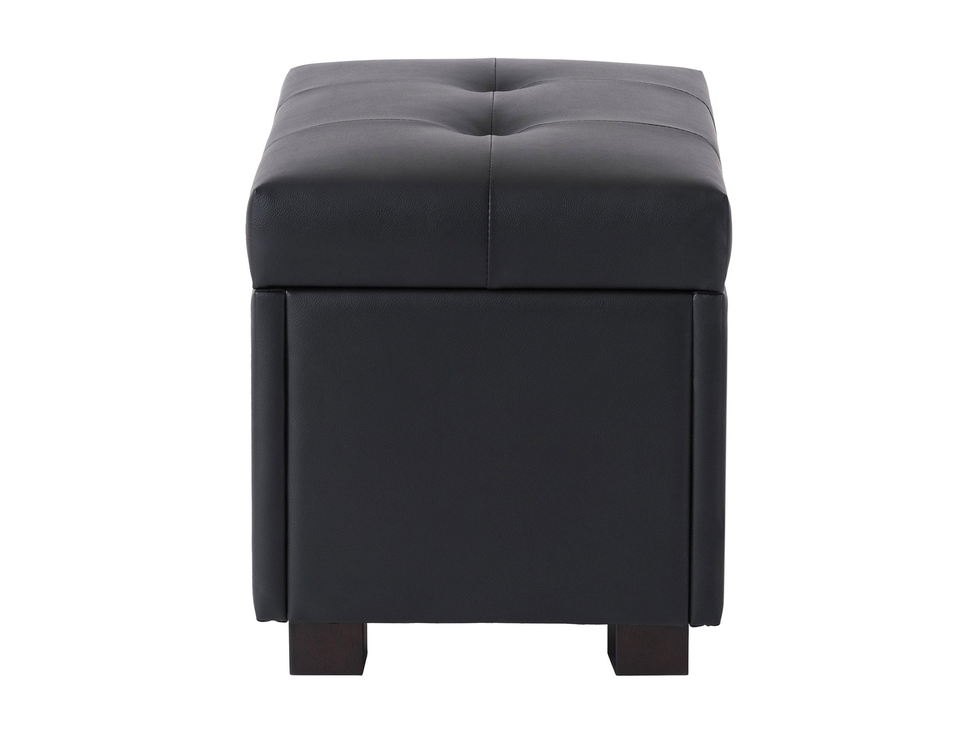 Brown vegan leather storage ottoman with tufted top, wooden legs, and spacious interior storage compartment.