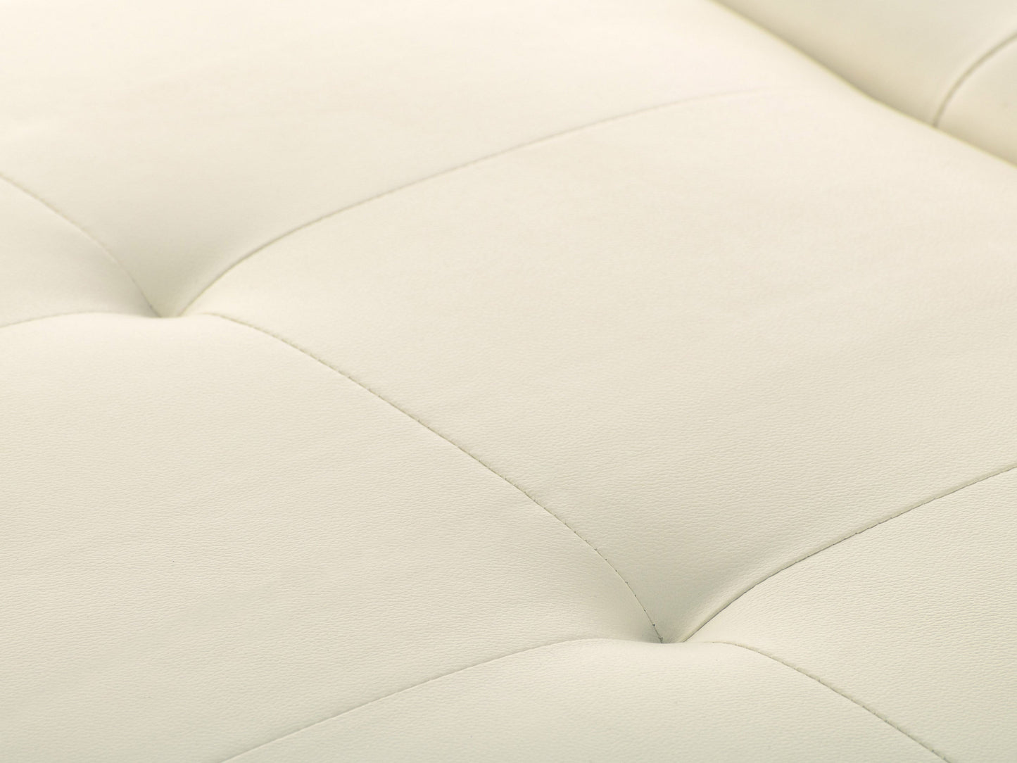 Warm white deluxe storage ottoman with tufted top, soft fabric, and wooden legs. Features spacious interior storage and versatile design, perfect for living rooms or bedrooms.
