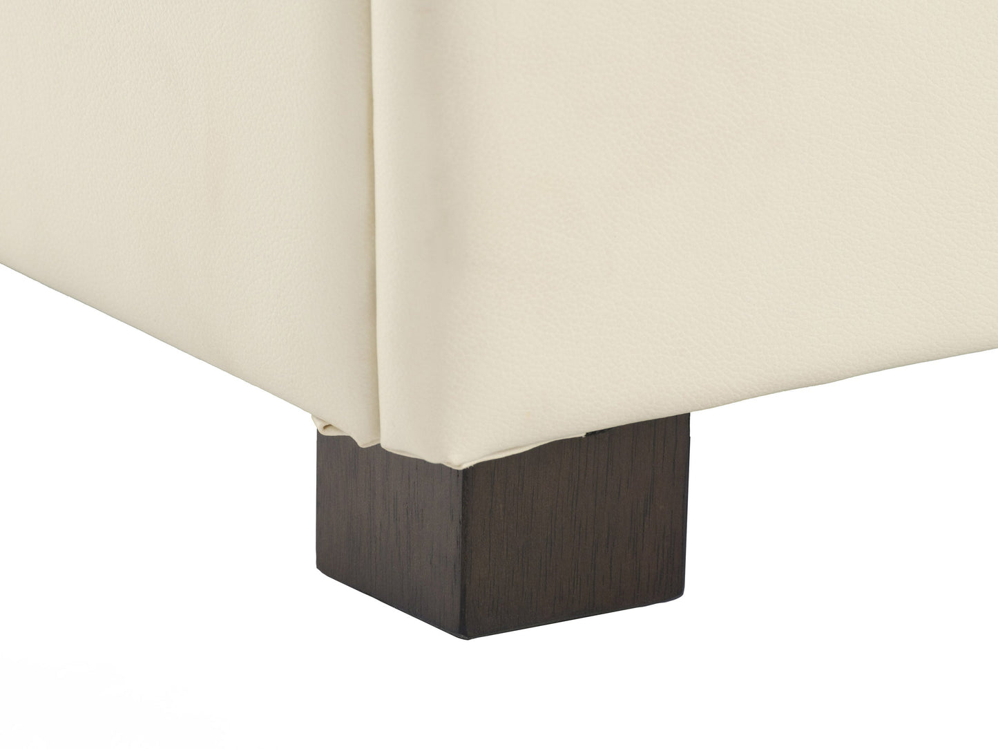Warm white deluxe storage ottoman with tufted top, soft fabric, and wooden legs. Features spacious interior storage and versatile design, perfect for living rooms or bedrooms.