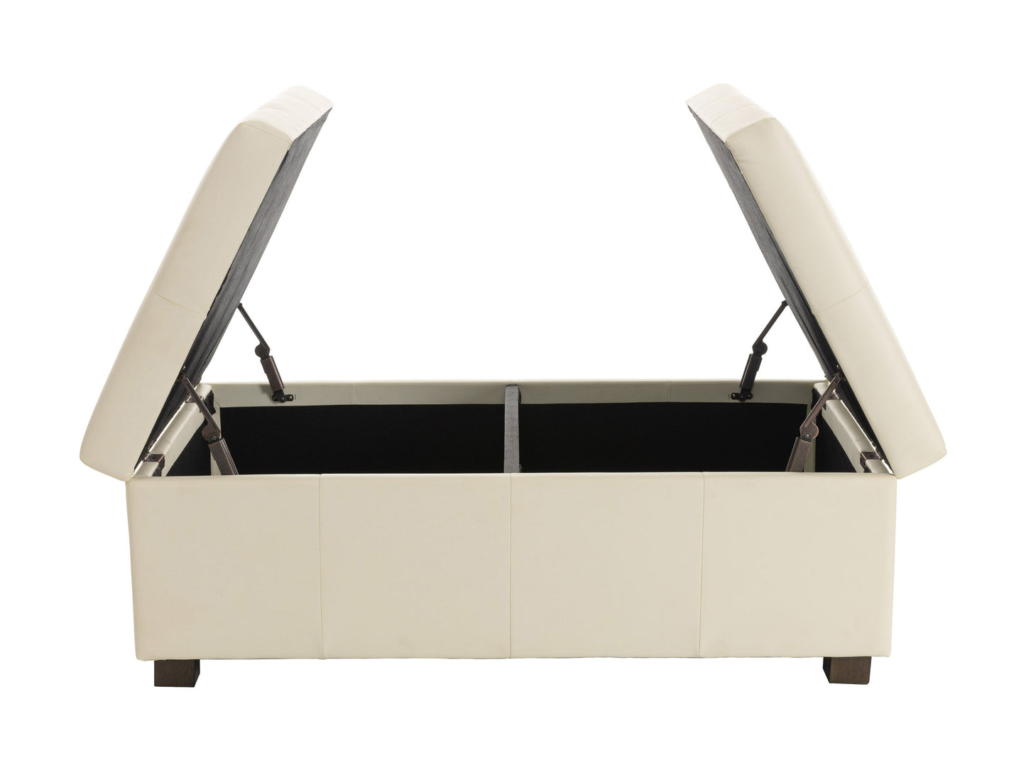 Warm white deluxe storage ottoman with tufted top, soft fabric, and wooden legs. Features spacious interior storage and versatile design, perfect for living rooms or bedrooms.