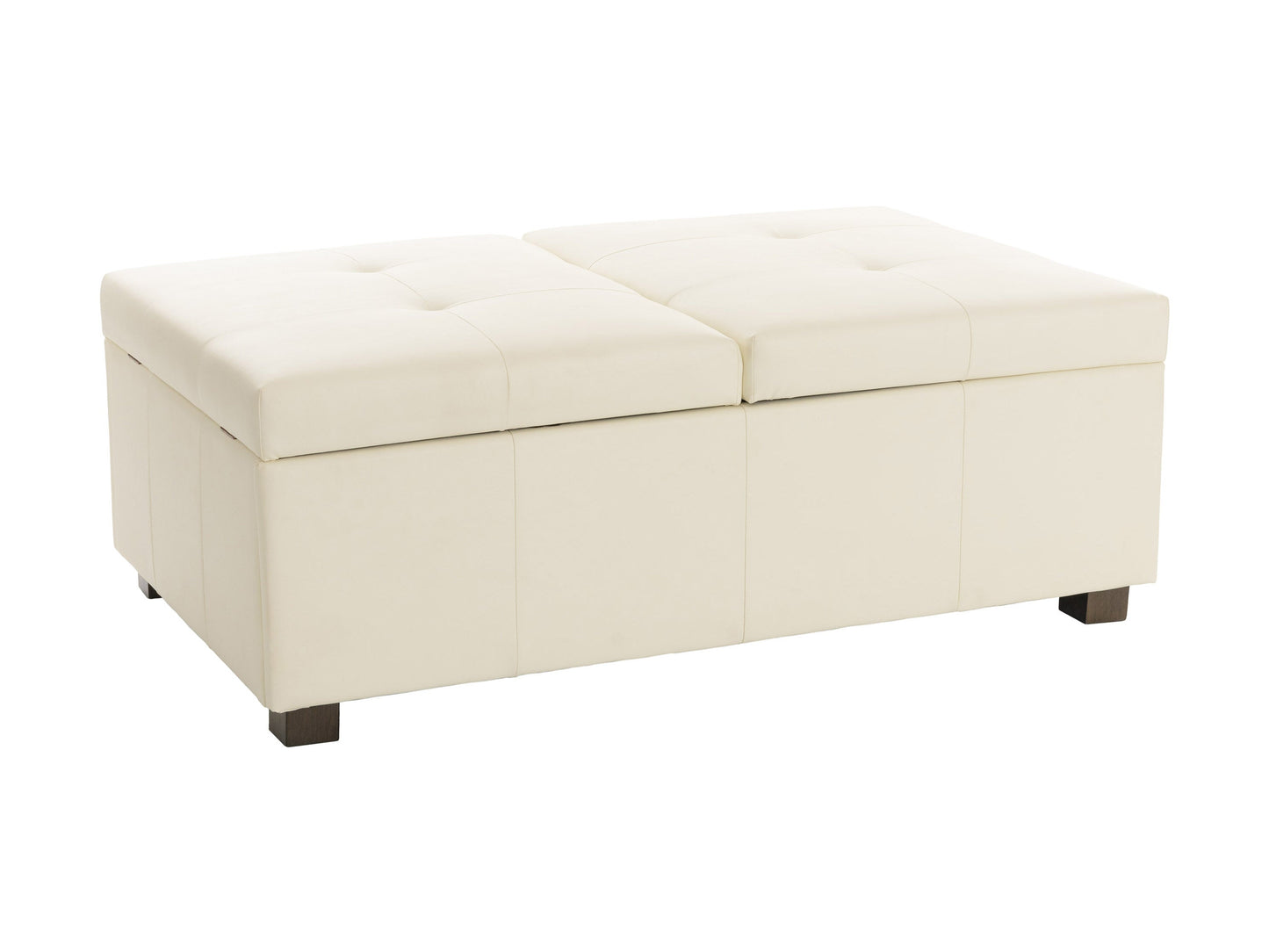 Warm white deluxe storage ottoman with tufted top, soft fabric, and wooden legs. Features spacious interior storage and versatile design, perfect for living rooms or bedrooms.