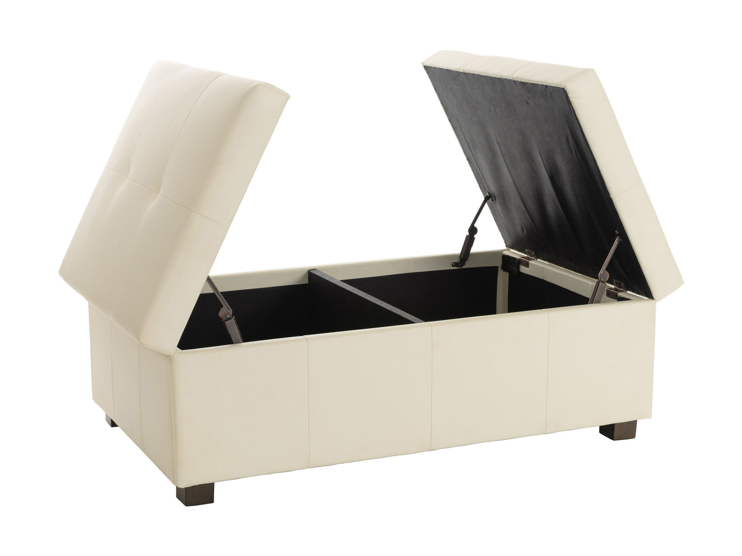 Warm white deluxe storage ottoman with tufted top, soft fabric, and wooden legs. Features spacious interior storage and versatile design, perfect for living rooms or bedrooms.