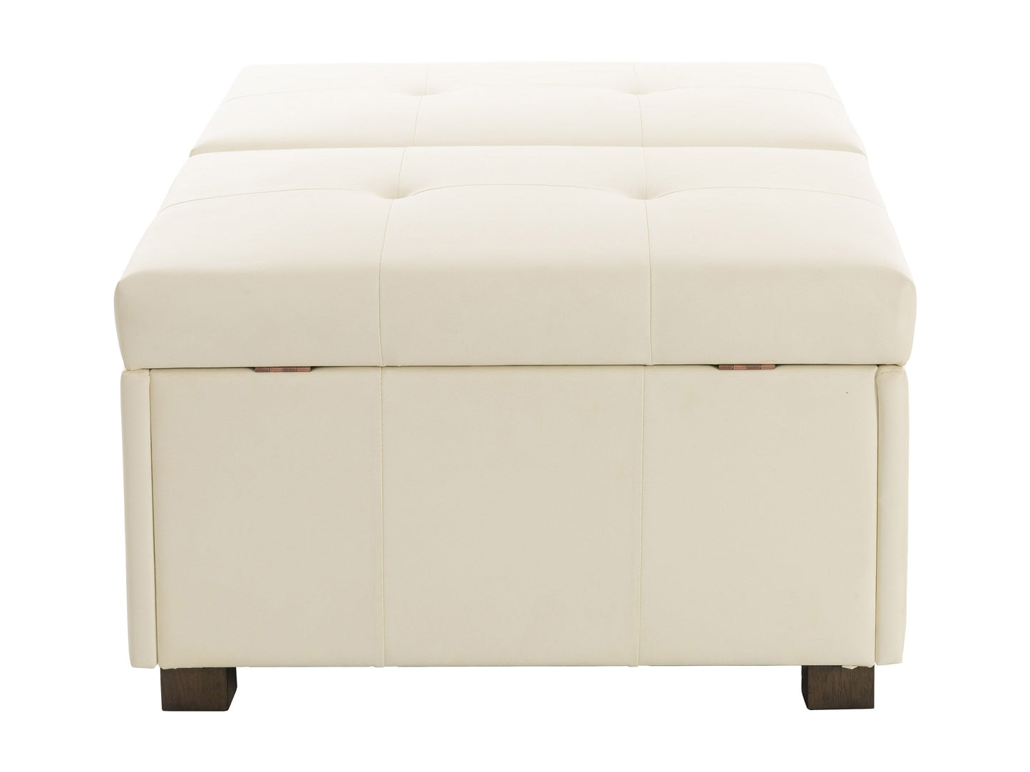 Warm white deluxe storage ottoman with tufted top, soft fabric, and wooden legs. Features spacious interior storage and versatile design, perfect for living rooms or bedrooms.