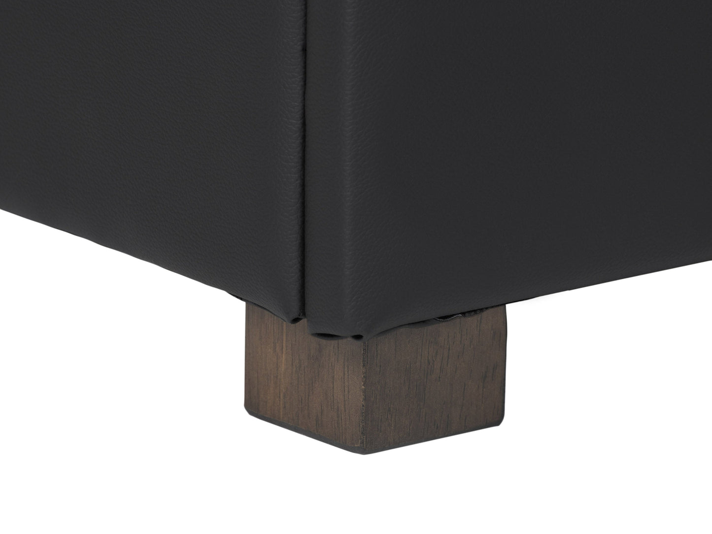 Matte black deluxe storage ottoman with tufted faux leather upholstery, spacious interior storage, and sleek minimalist design. Ideal for modern living rooms and versatile as extra seating or a coffee table.