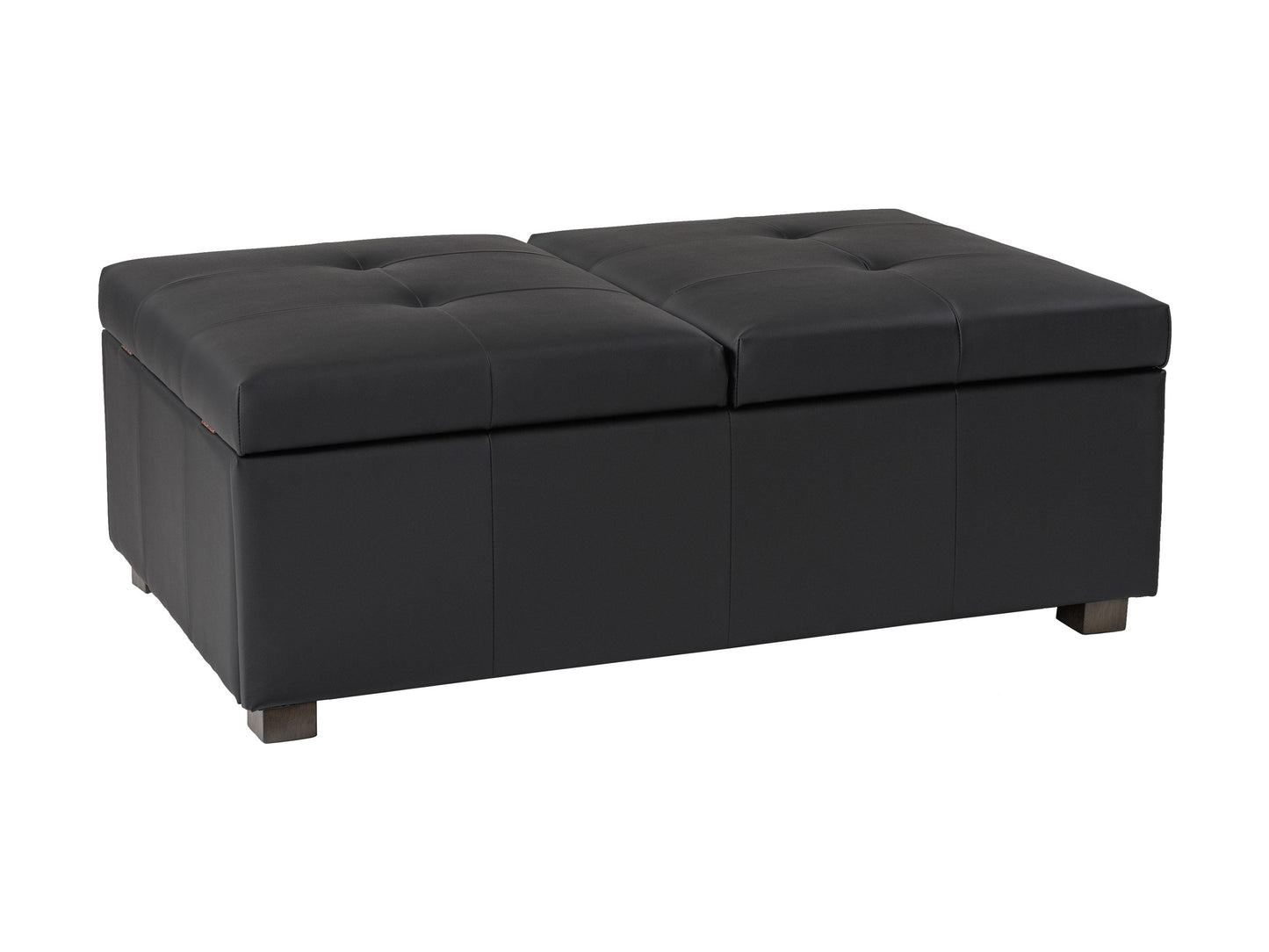 Matte black deluxe storage ottoman with tufted faux leather upholstery, spacious interior storage, and sleek minimalist design. Ideal for modern living rooms and versatile as extra seating or a coffee table.