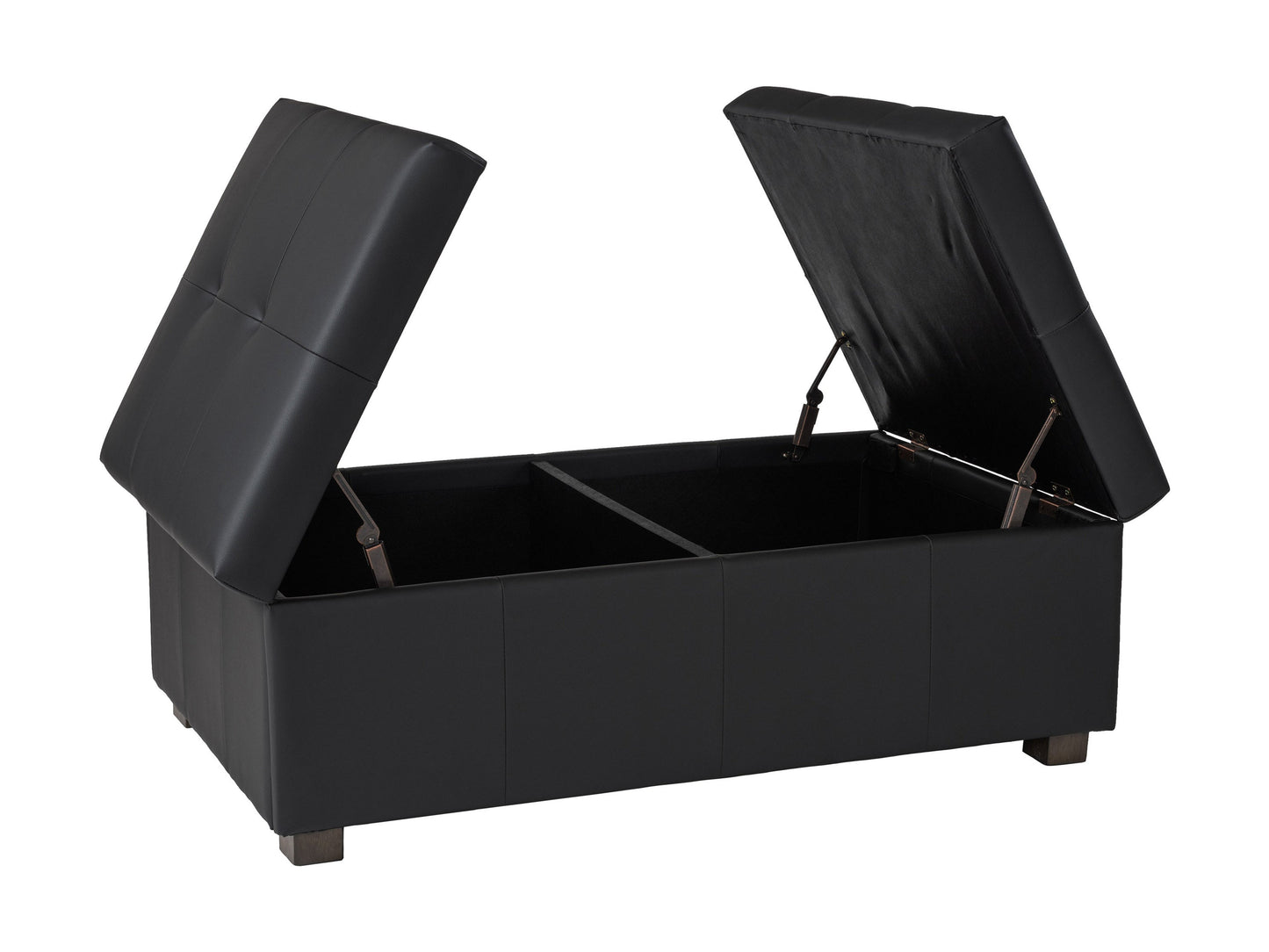 Matte black deluxe storage ottoman with tufted faux leather upholstery, spacious interior storage, and sleek minimalist design. Ideal for modern living rooms and versatile as extra seating or a coffee table.
