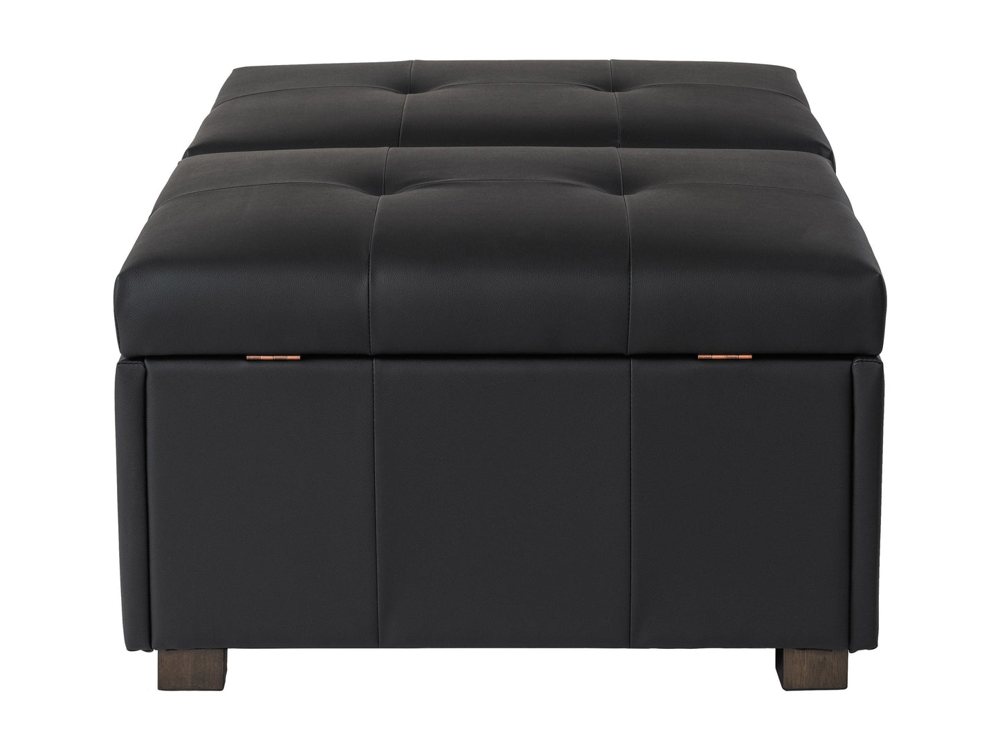 Matte black deluxe storage ottoman with tufted faux leather upholstery, spacious interior storage, and sleek minimalist design. Ideal for modern living rooms and versatile as extra seating or a coffee table.
