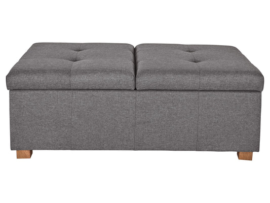 Silver brown double storage ottoman with tufted top, soft fabric upholstery, and sturdy wooden legs. Ideal for living rooms, bedrooms, or entryways, providing extra seating and hidden storage space.