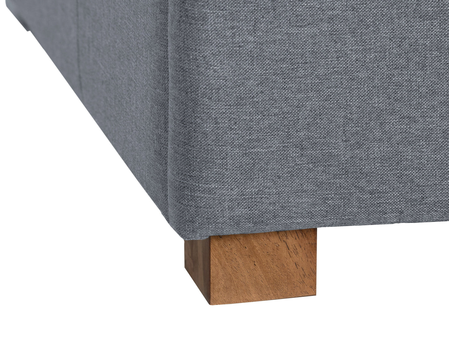 Grey double storage ottoman with tufted top, soft fabric upholstery, and sturdy wooden legs, ideal for living room organization and extra seating.