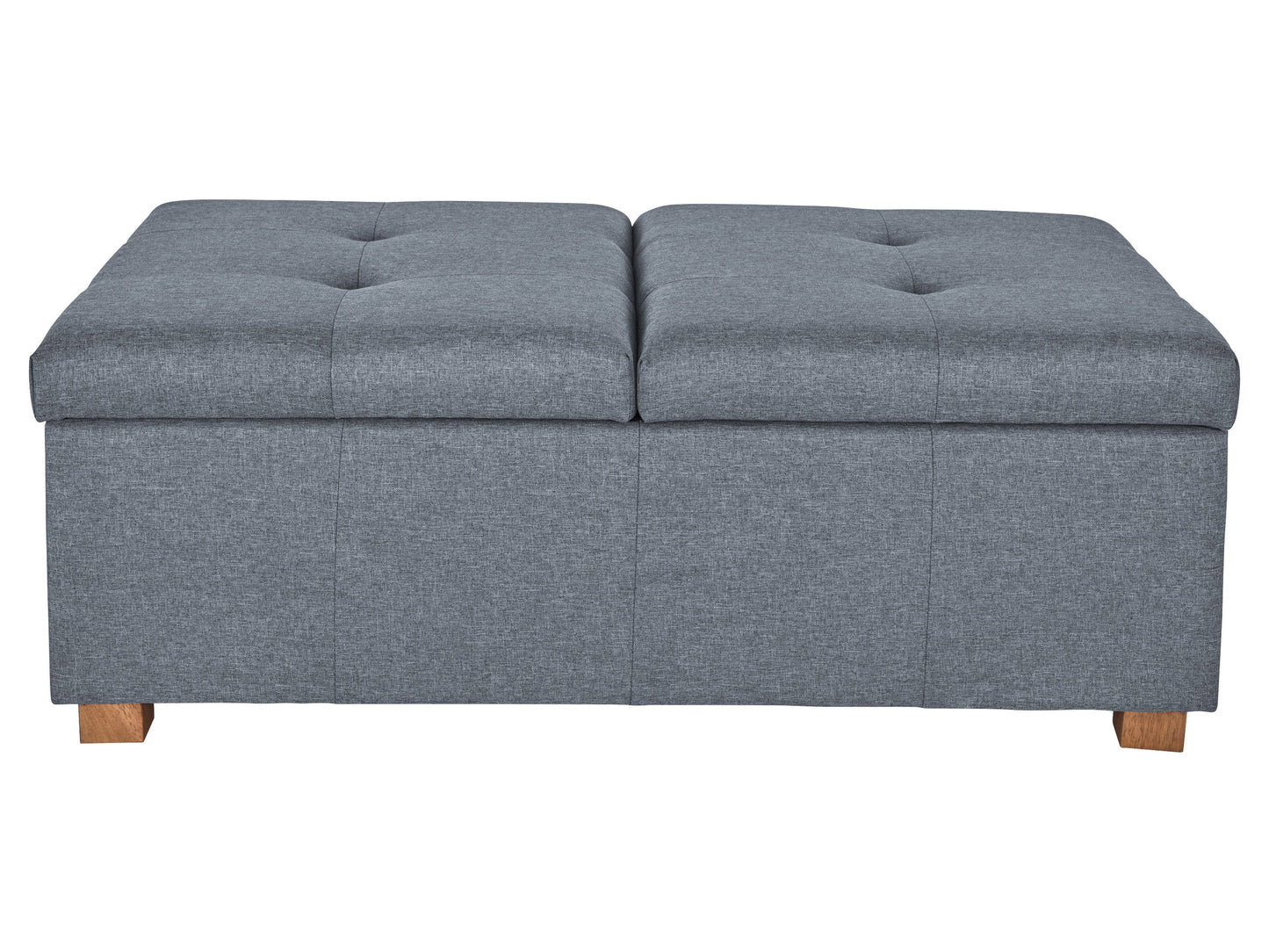Grey double storage ottoman with tufted top, soft fabric upholstery, and sturdy wooden legs, ideal for living room organization and extra seating.