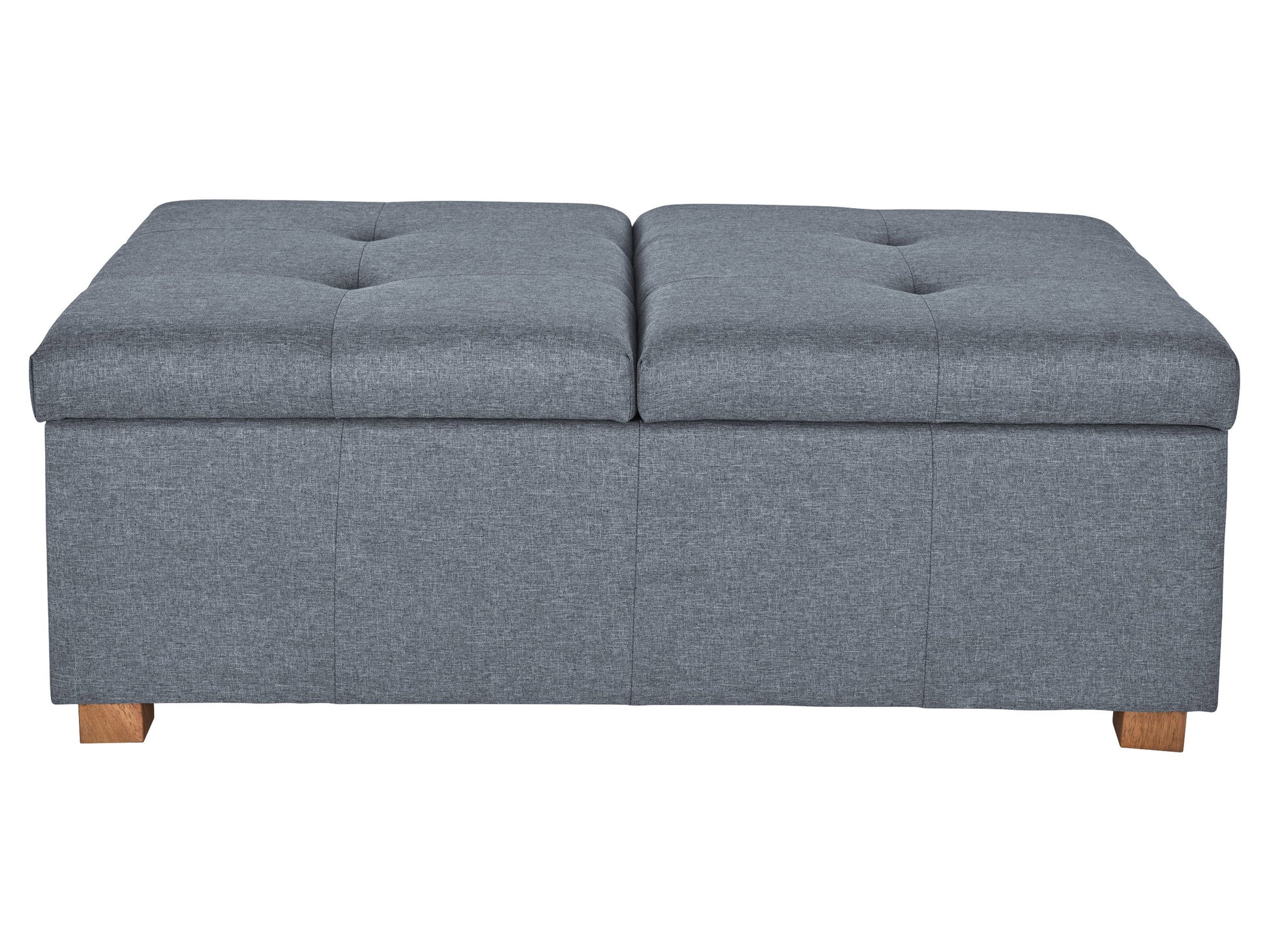 Grey double storage ottoman with tufted top, soft fabric upholstery, and sturdy wooden legs, ideal for living room organization and extra seating.