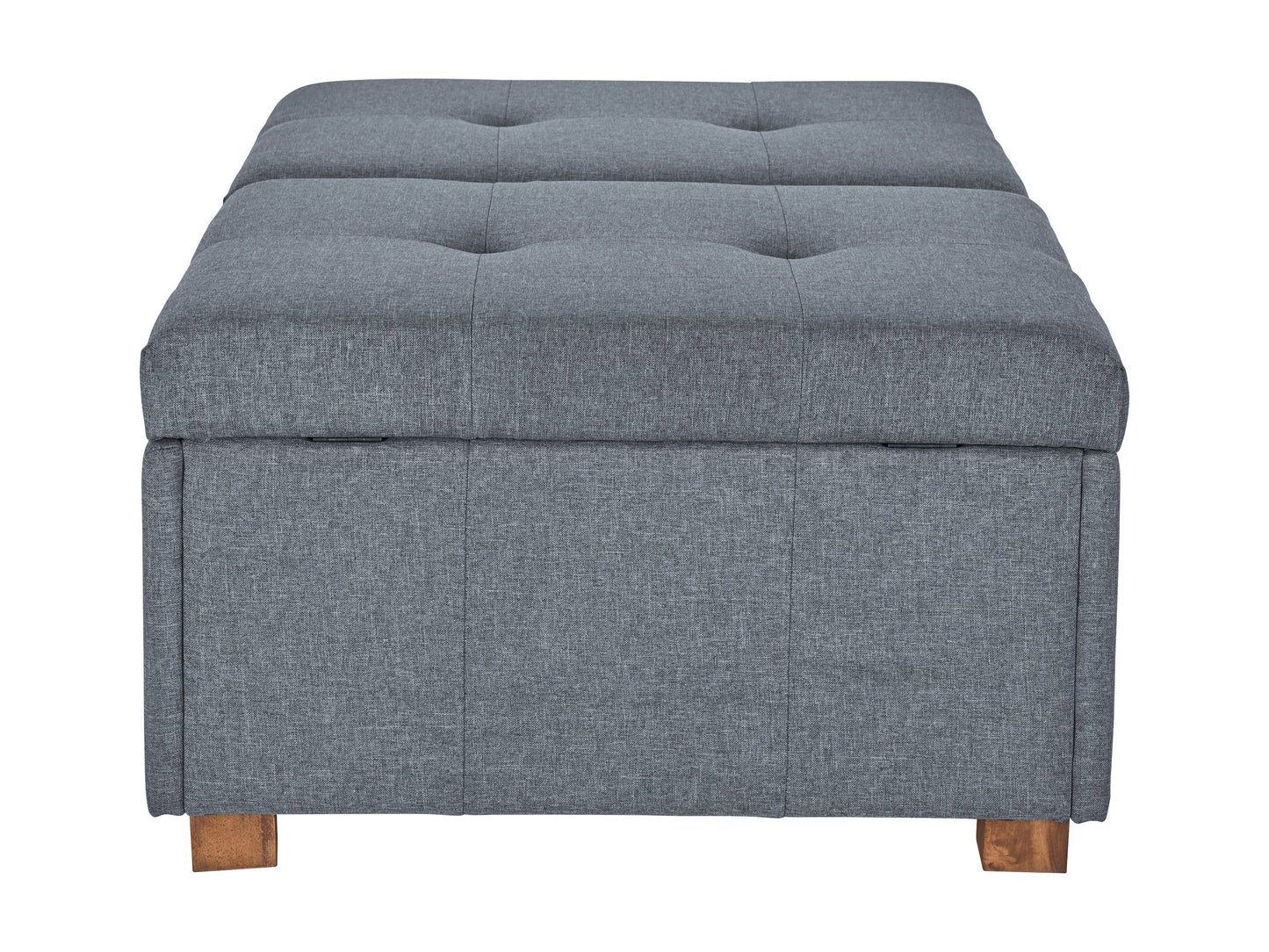 Grey double storage ottoman with tufted top, soft fabric upholstery, and sturdy wooden legs, ideal for living room organization and extra seating.