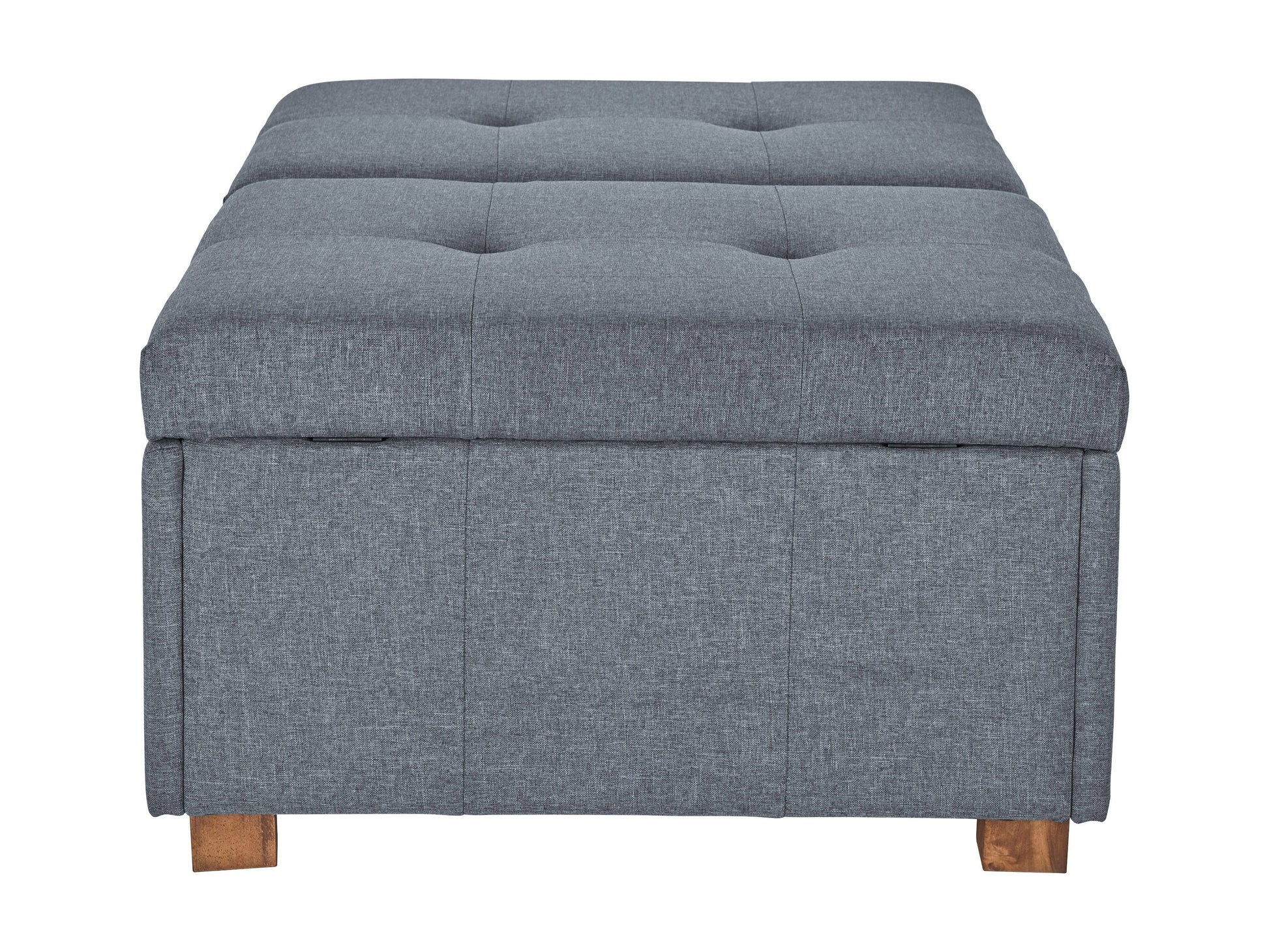 Grey double storage ottoman with tufted top, soft fabric upholstery, and sturdy wooden legs, ideal for living room organization and extra seating.