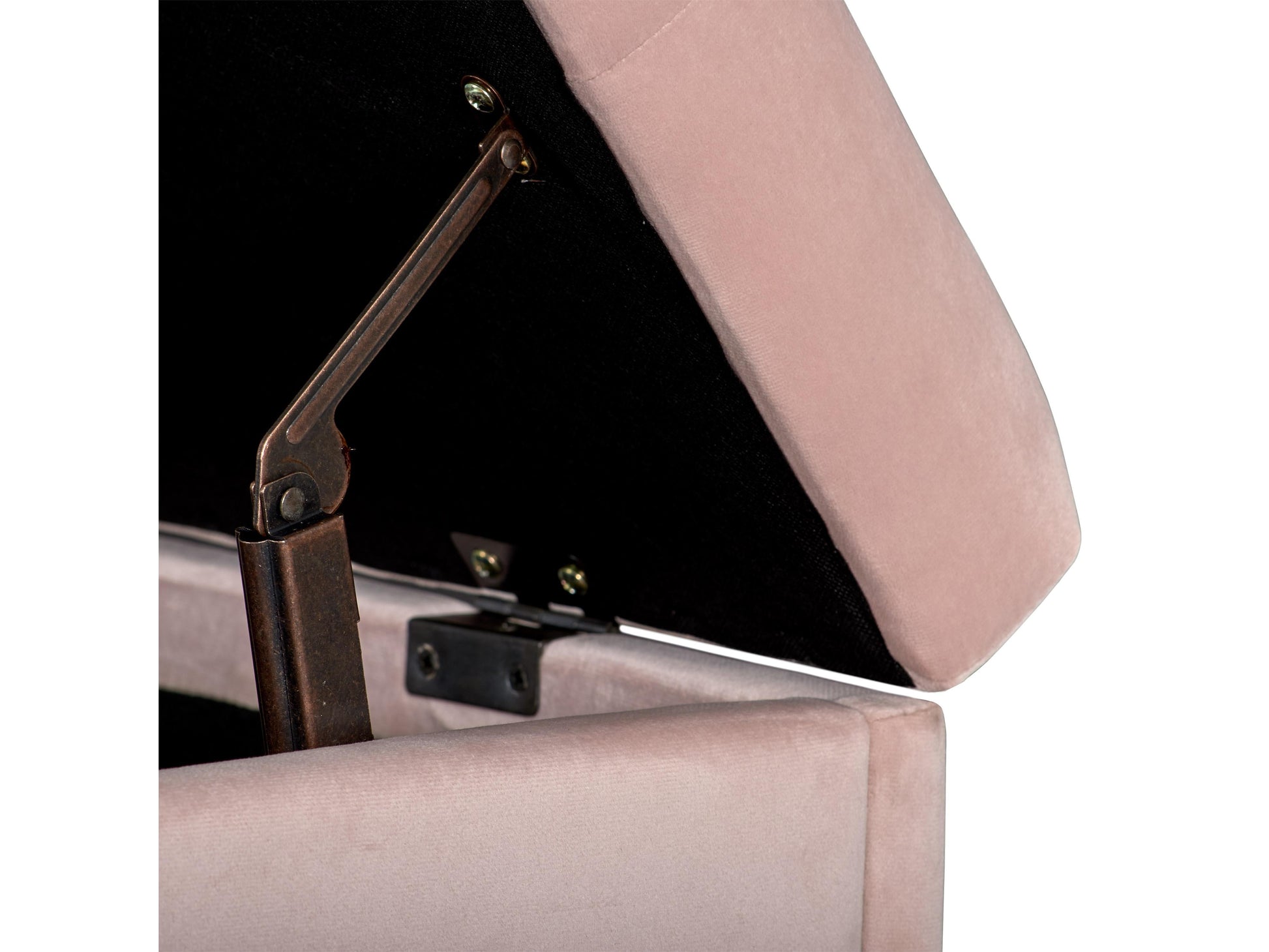 Pink velvet ottoman with storage, featuring a tufted top, gold metal legs, and a spacious interior compartment for organizing items. Perfect for adding a touch of elegance and functionality to any living space.