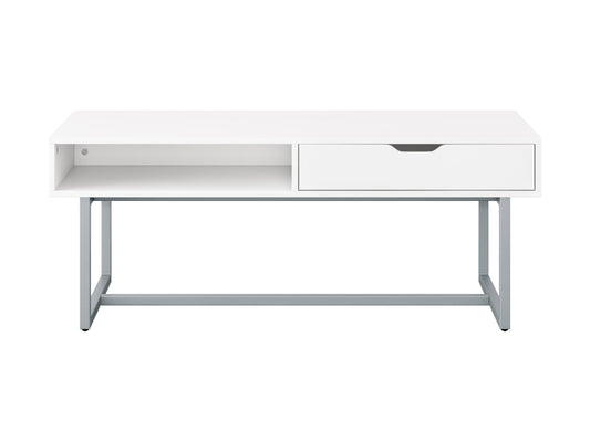 Modern rectangular coffee table with sleek white finish, minimalist design, and sturdy metal legs. Ideal for contemporary living rooms, this table features a smooth surface and clean lines, perfect for modern decor.