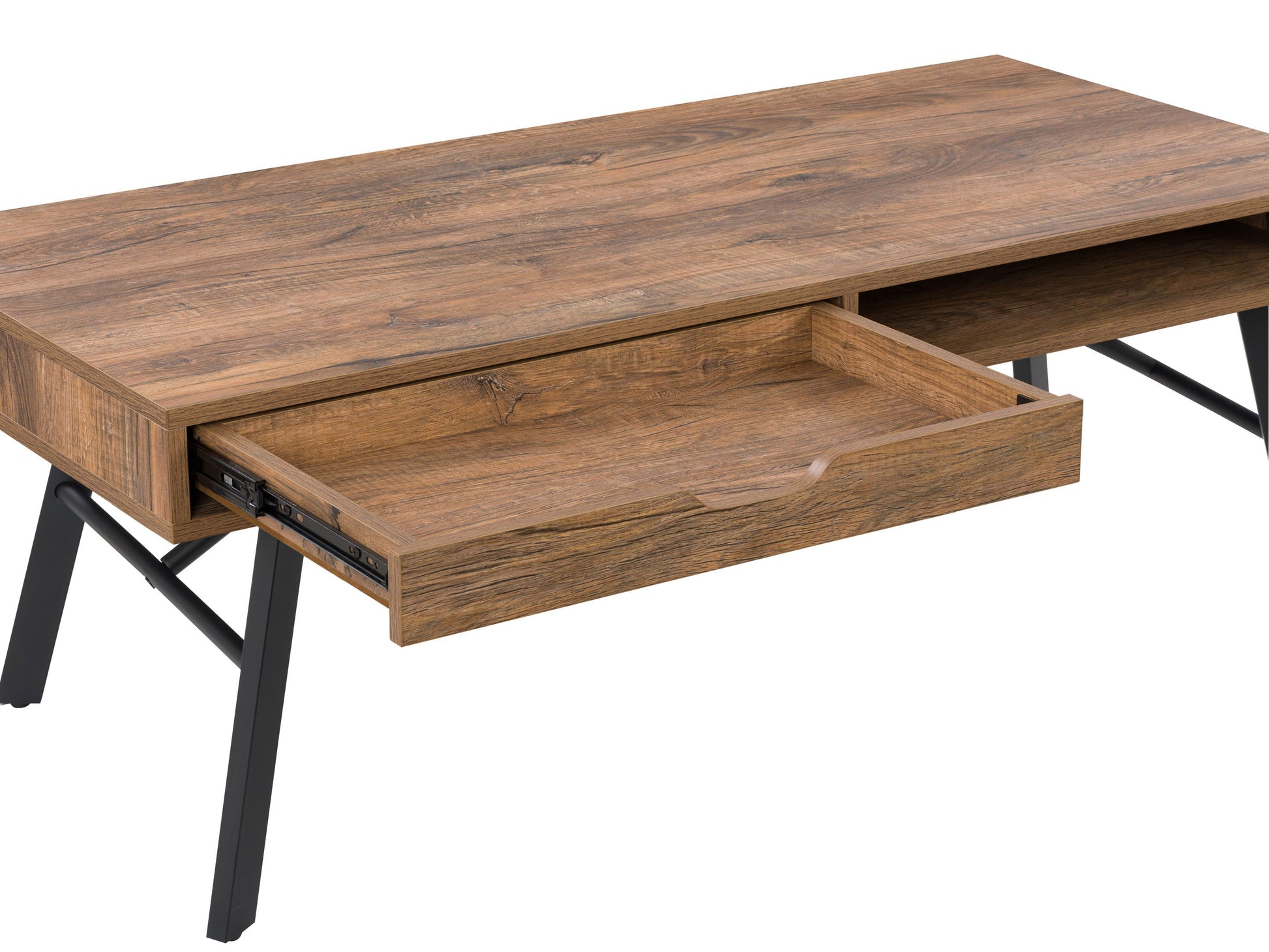 Rustic wood coffee table in brown with a rectangular shape, featuring a distressed finish, sturdy legs, and a lower shelf for storage. Ideal for living rooms with a farmhouse or vintage decor.