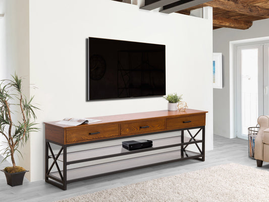 Cherry brown TV stand for TVs up to 95 inches, featuring sleek design, ample storage with shelves and cabinets, crafted from high-quality wood, perfect for modern living rooms.