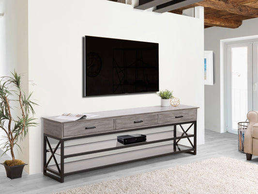 Grey TV stand for TVs up to 95 inches, featuring sleek modern design, durable wood construction, two spacious open shelves, and a minimalist style perfect for contemporary living rooms.