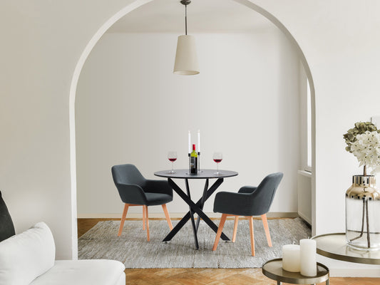 Dark grey dining chairs set of 2, featuring cushioned seats with soft fabric upholstery, sleek wooden legs, and a modern design perfect for contemporary dining rooms.